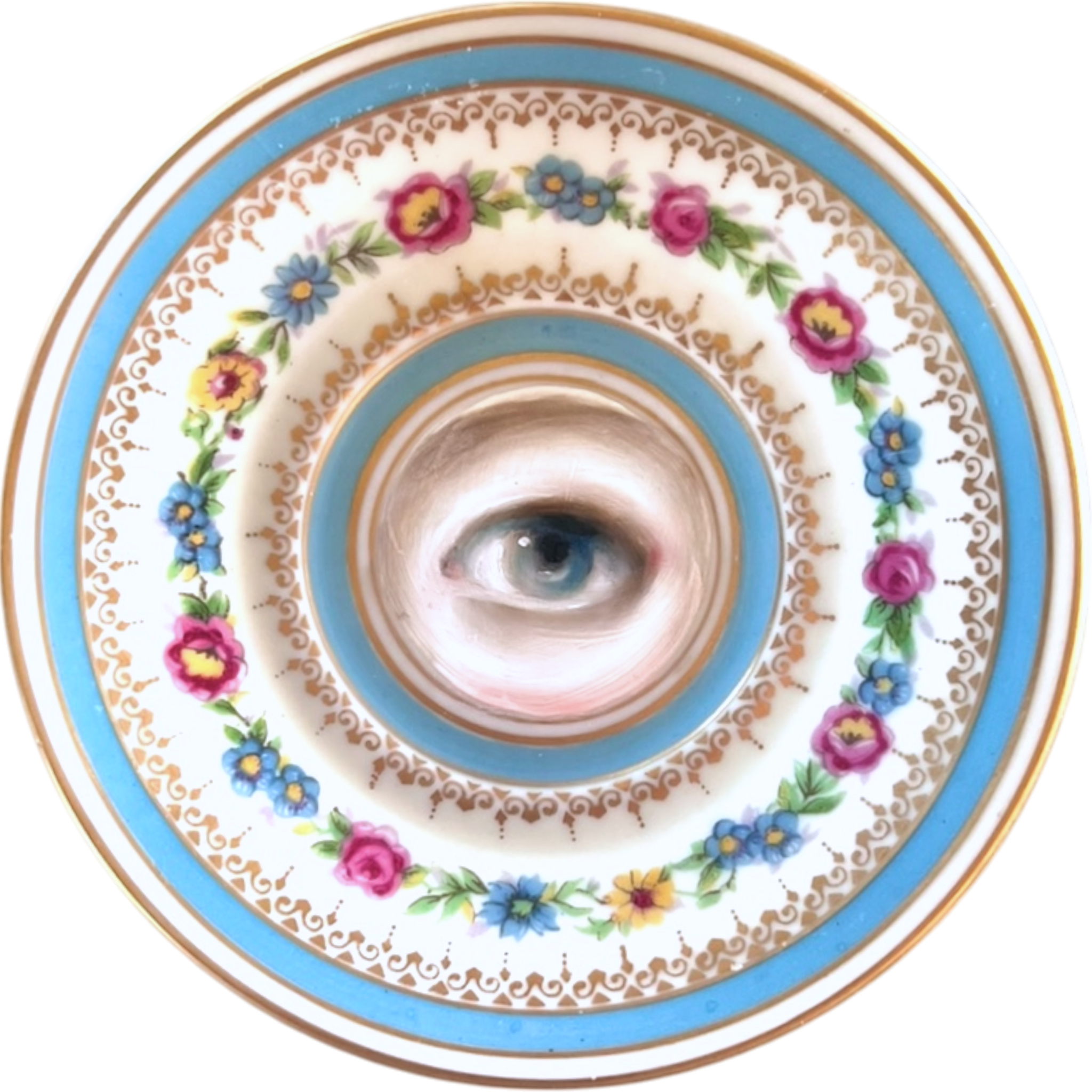 No. 2568 Lover's Eye Painting on a Mini French Limoges Turquoise Floral Plate