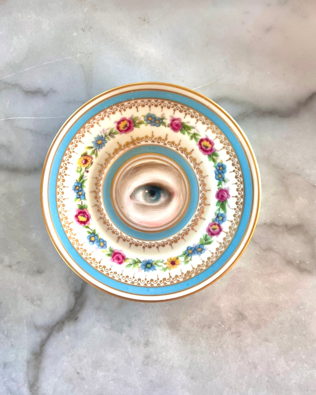 No. 2568 Lover's Eye Painting on a Mini French Limoges Turquoise Floral Plate