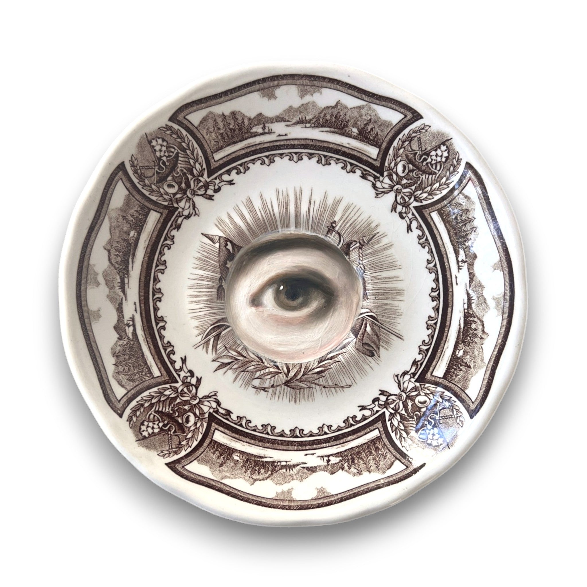 No. 3185 Lover's Eye Painting on a Brown Transferware Plate