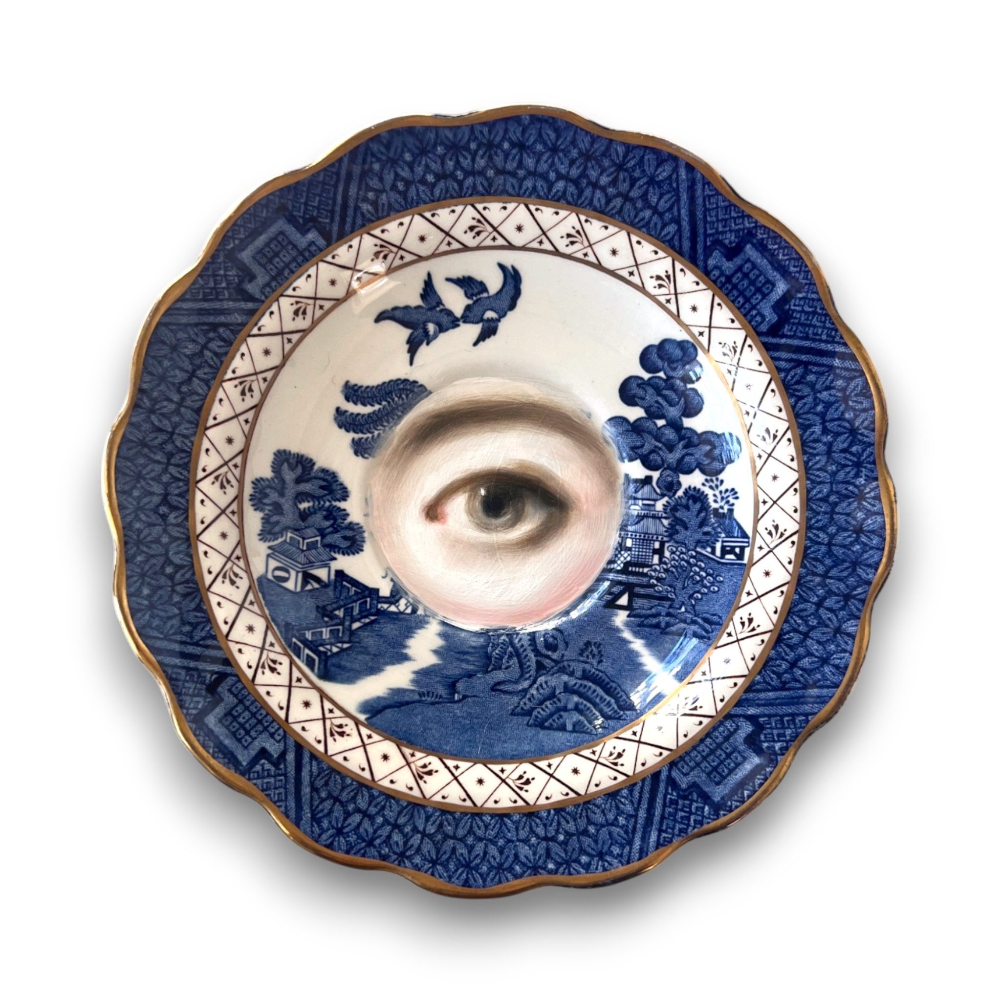 No. 3180 Lover's Eye Painting on an English Real Old Willow Plate