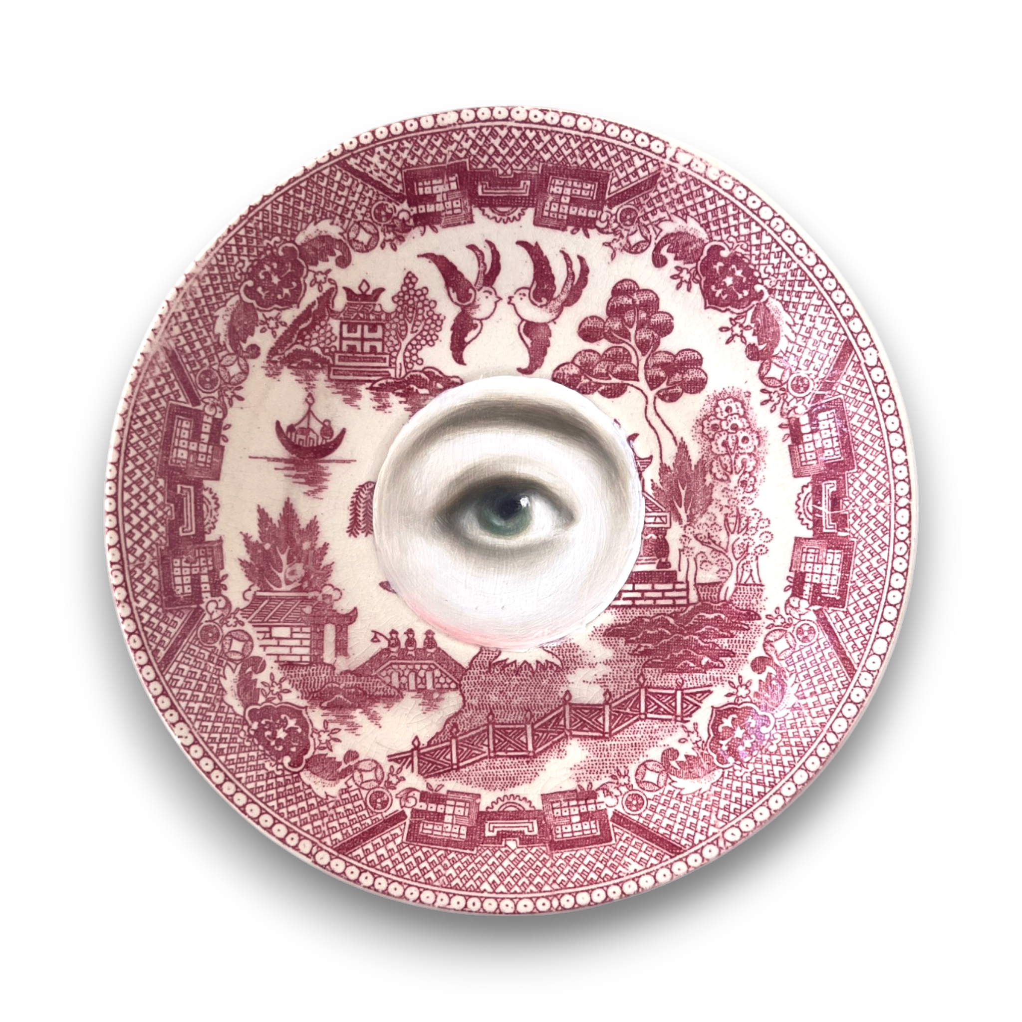 No. 3167 Lover's Eye Painting on a Chinoiserie Red Willow Plate