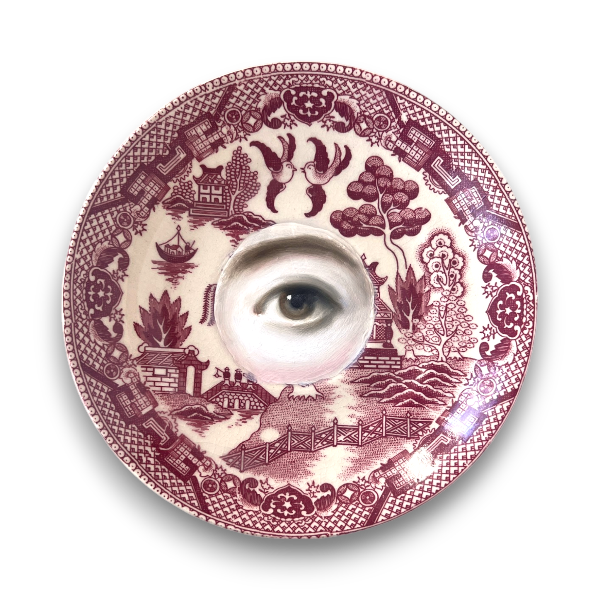 No. 3169 Lover's Eye Painting on a Chinoiserie Red Willow Plate