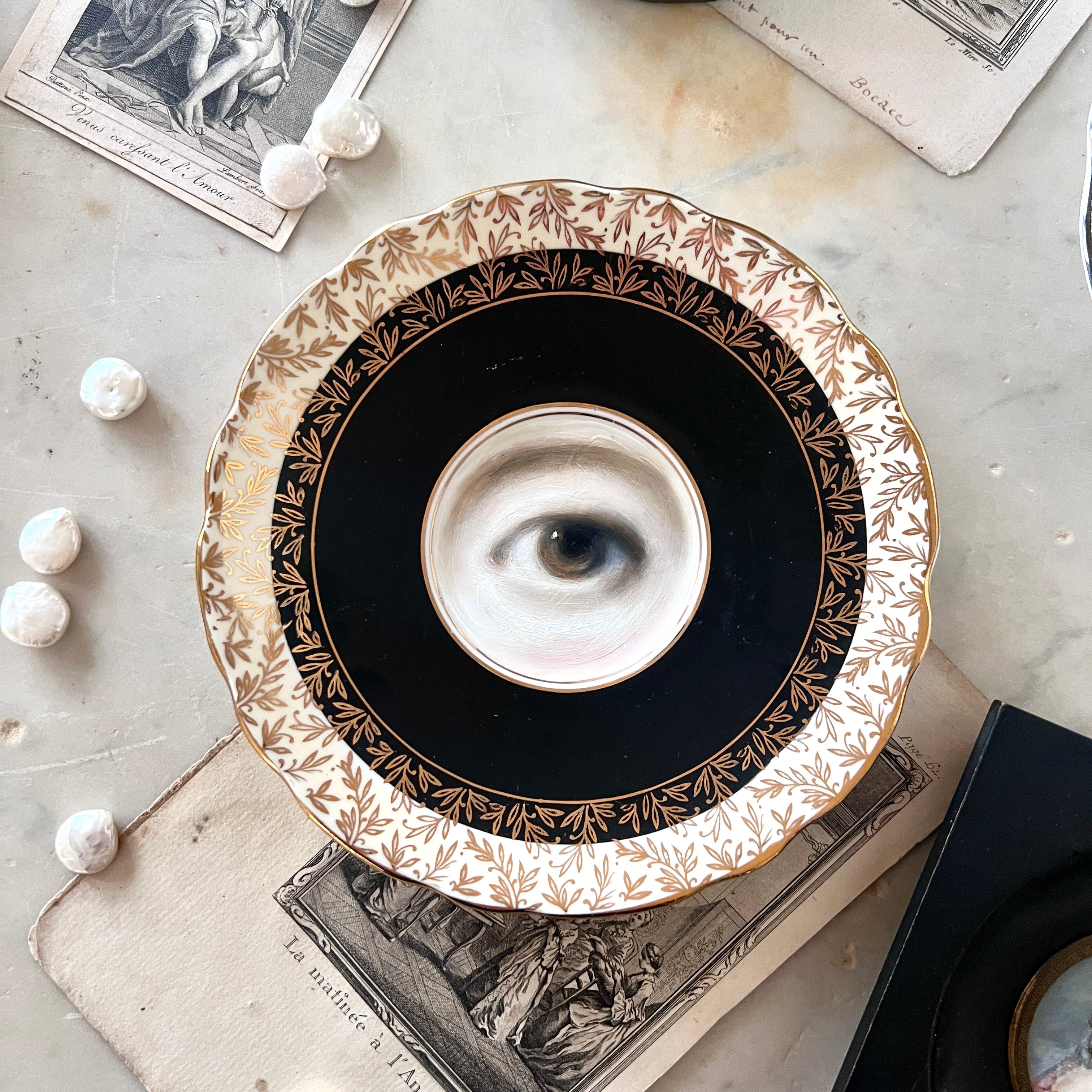 No. 3036 Lover's Eye Painting on a Foliate Black & Gold Plate