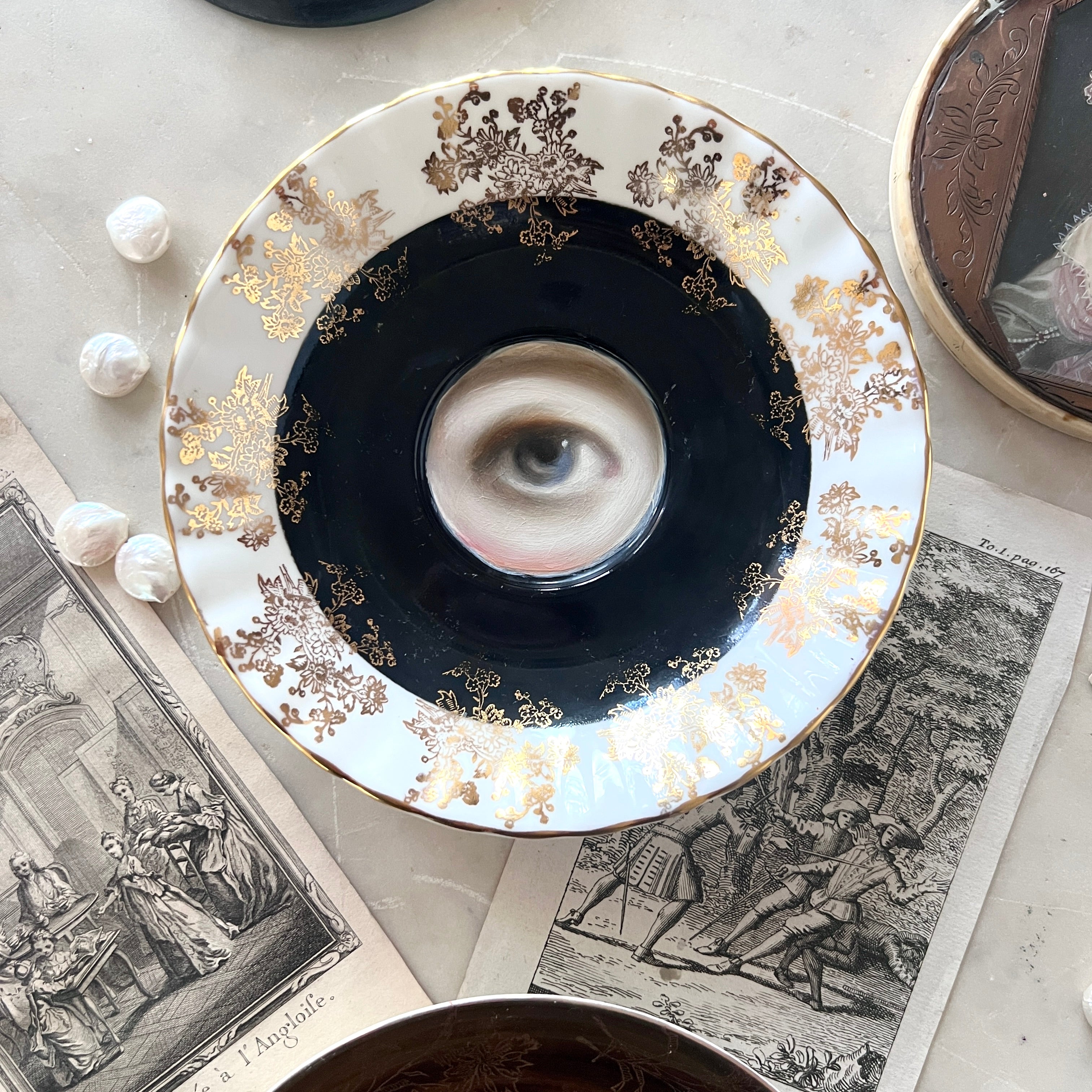 No. 3034 Lover's Eye Painting on a Botanical Black, Gold, & White Plate