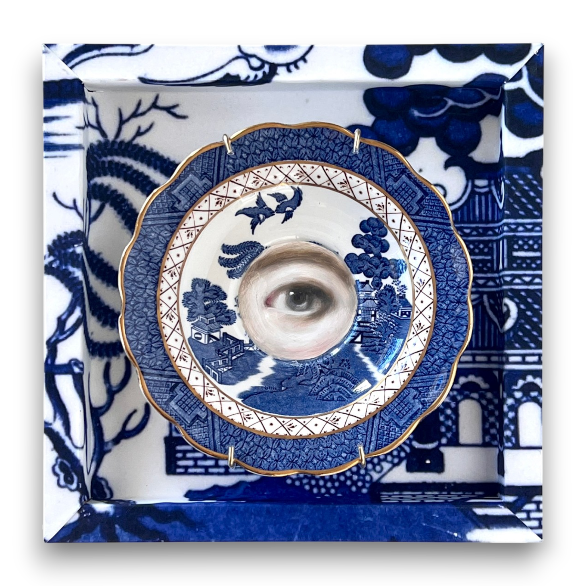 No. 3198 Lover's Eye Painting on a Royal Doulton Chinoiserie Blue Willow Plate
