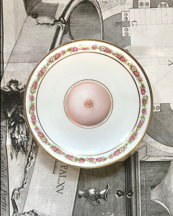 Lover's Breast Painting on a English Floral and Gilt Plate