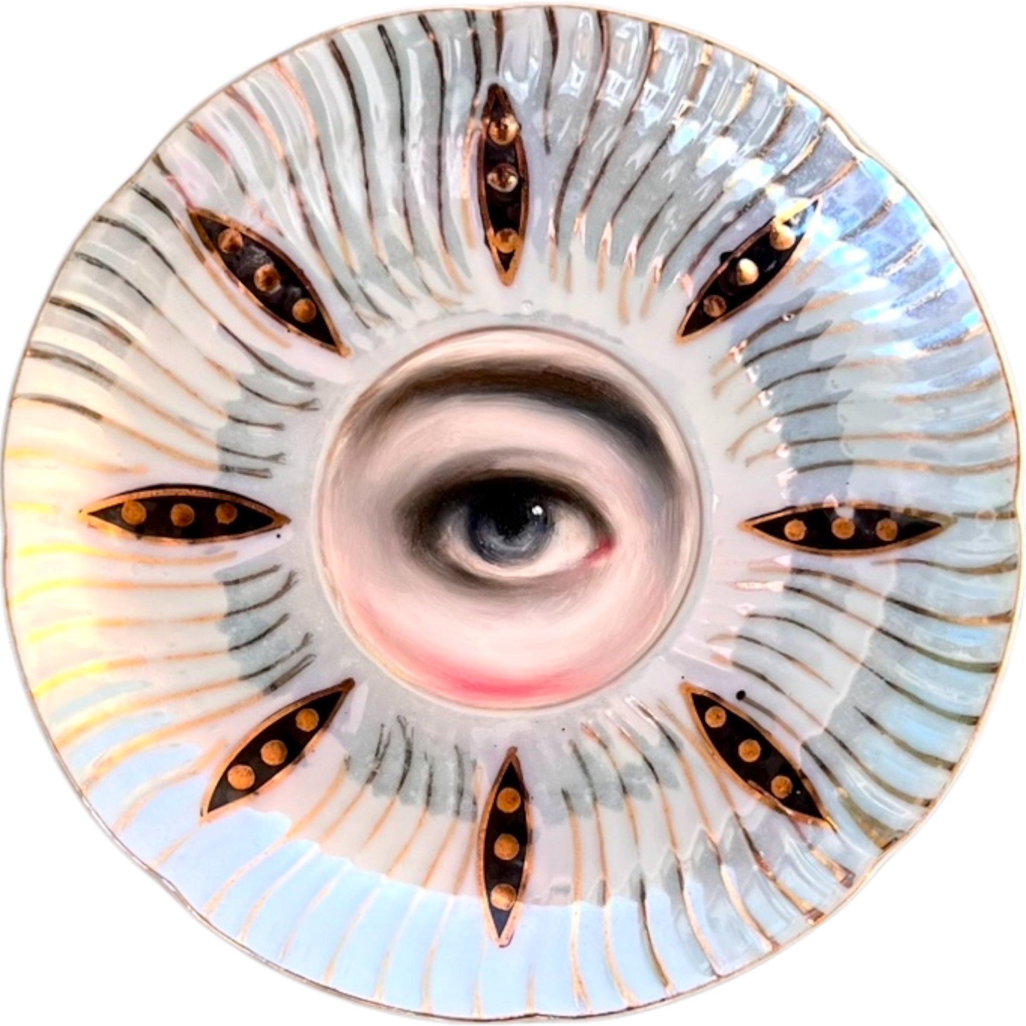 No. 2589 Lover's Eye Painting on a Pale Blue and Black Iridescent Plate