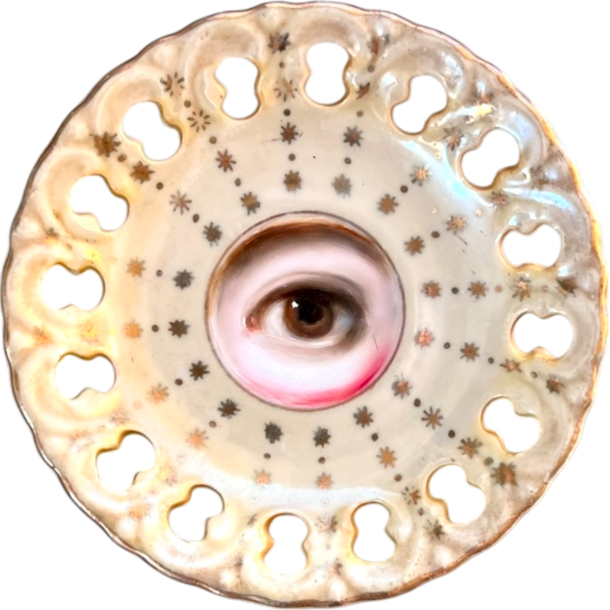 No. 2586 Lover's Eye Painting on a Mini Pale Yellow Iridescent Plate