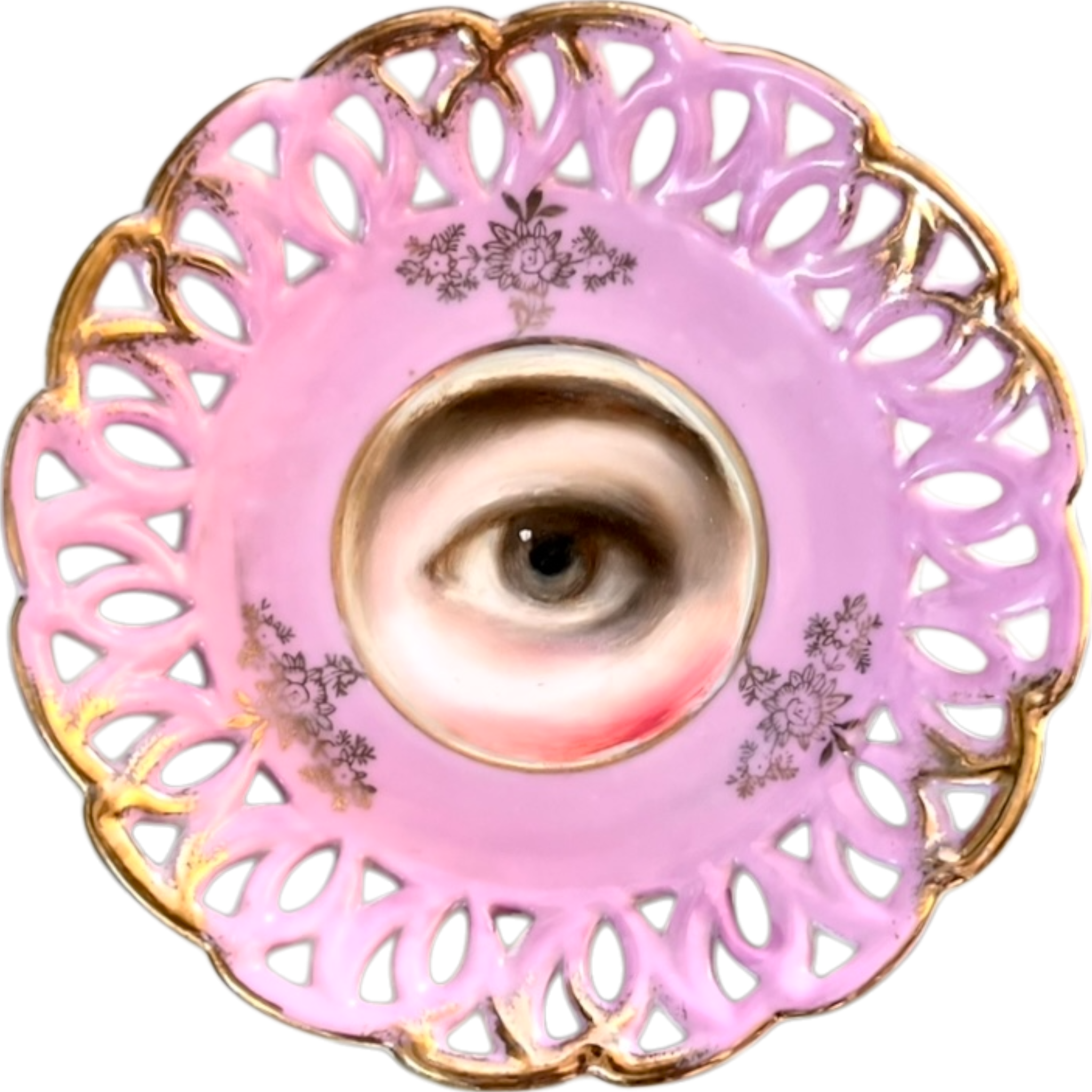 No. 2587 Lover's Eye Painting on a Mini Pink Iridescent Plate