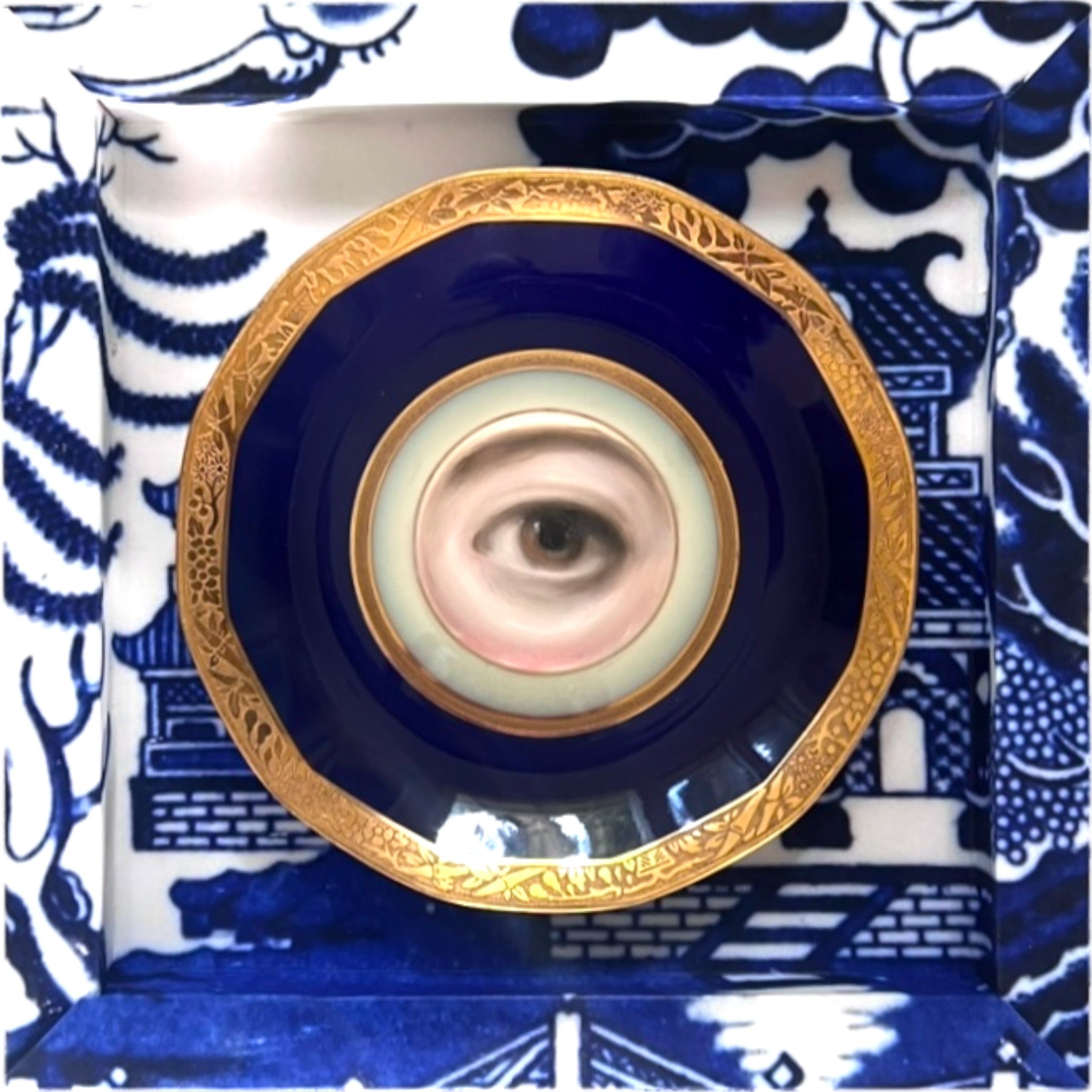 No. 2618 Lover's Eye Painting on a Cobalt and Gilt French Limoges Plate