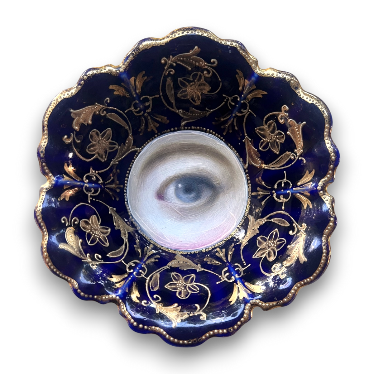 No. 3900 Lover's Eye Painting on a Cobalt & Gold Petal Bowl