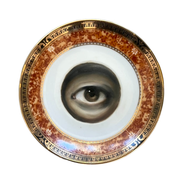 Lover's Eye Painting on a Mottled Brown, Black, and Gold Plate