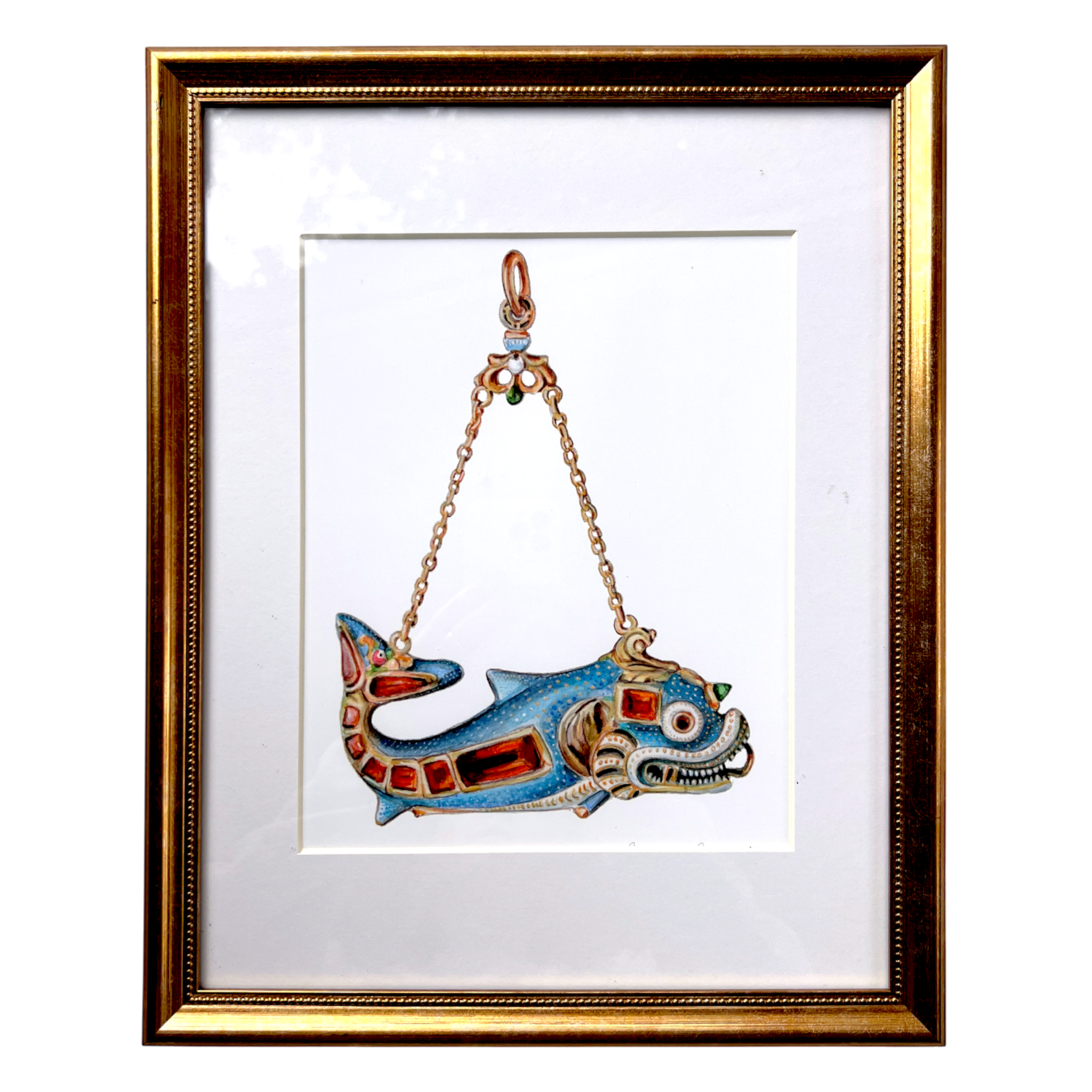 No. 4 Framed Baroque Pearl Jewelry Watercolor Archival Print: Dragon Dolphin