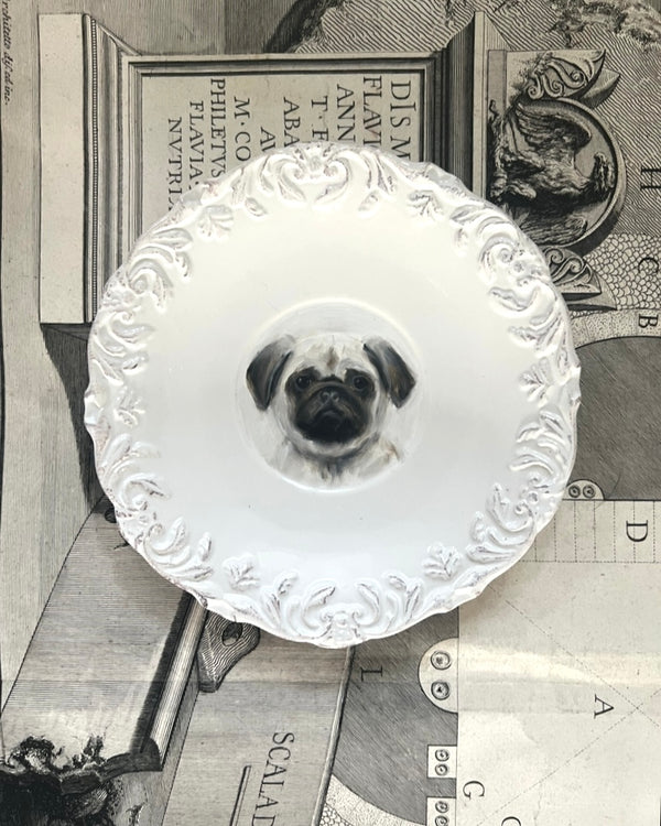 New! - Portrait of Herbert the Pug on a White Plate