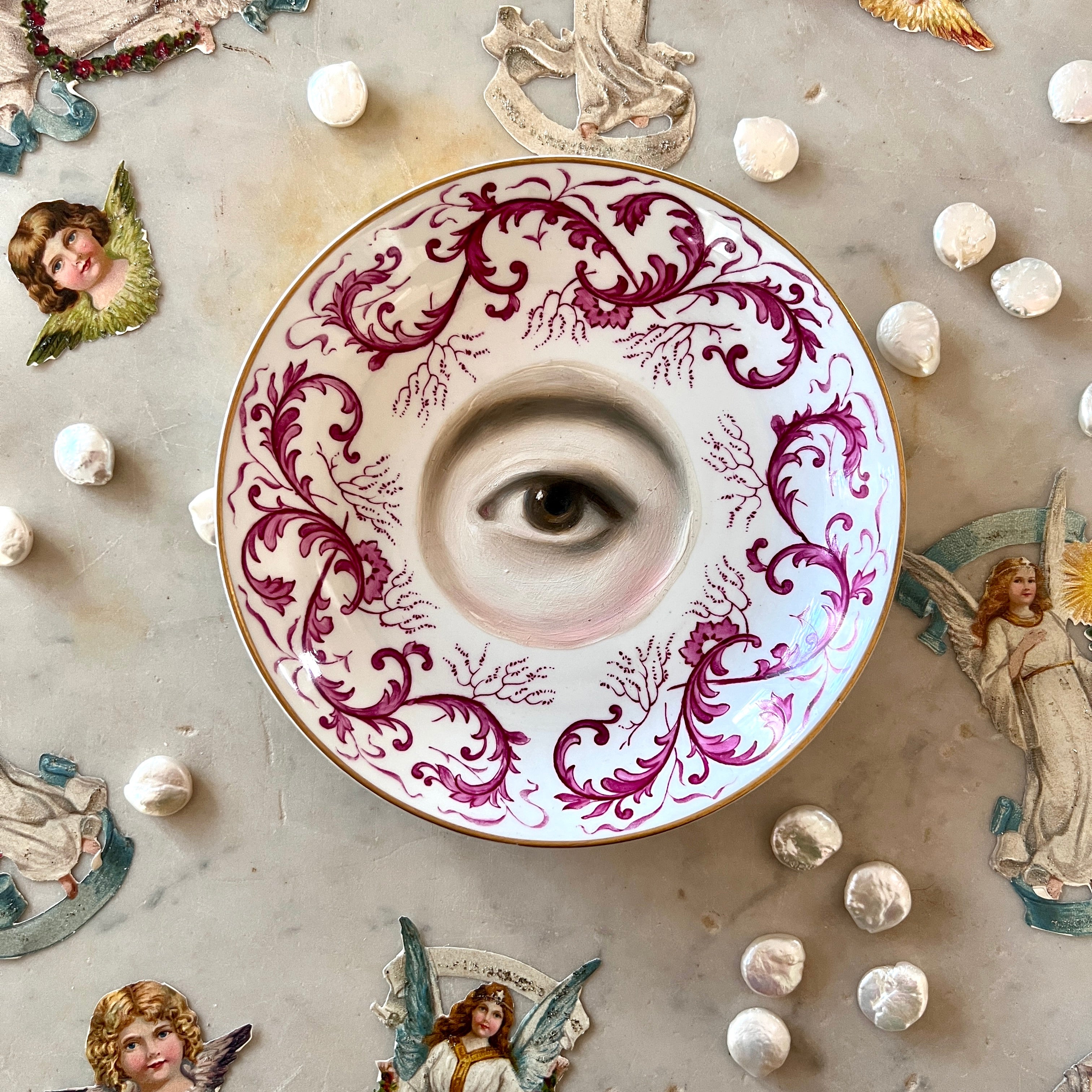No. 3091 Lover's Eye Painting on a Royal Crown Derby Pink Plate