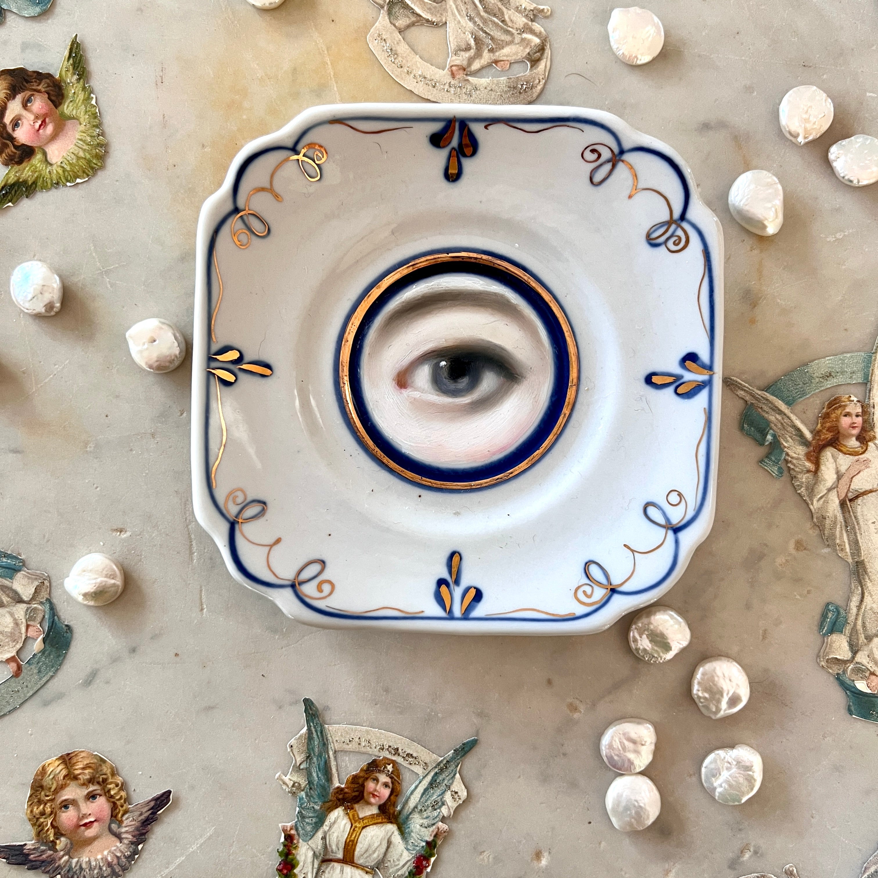 No. 3079 Lover's Eye Painting on a Blue, White, & Gilt Plate