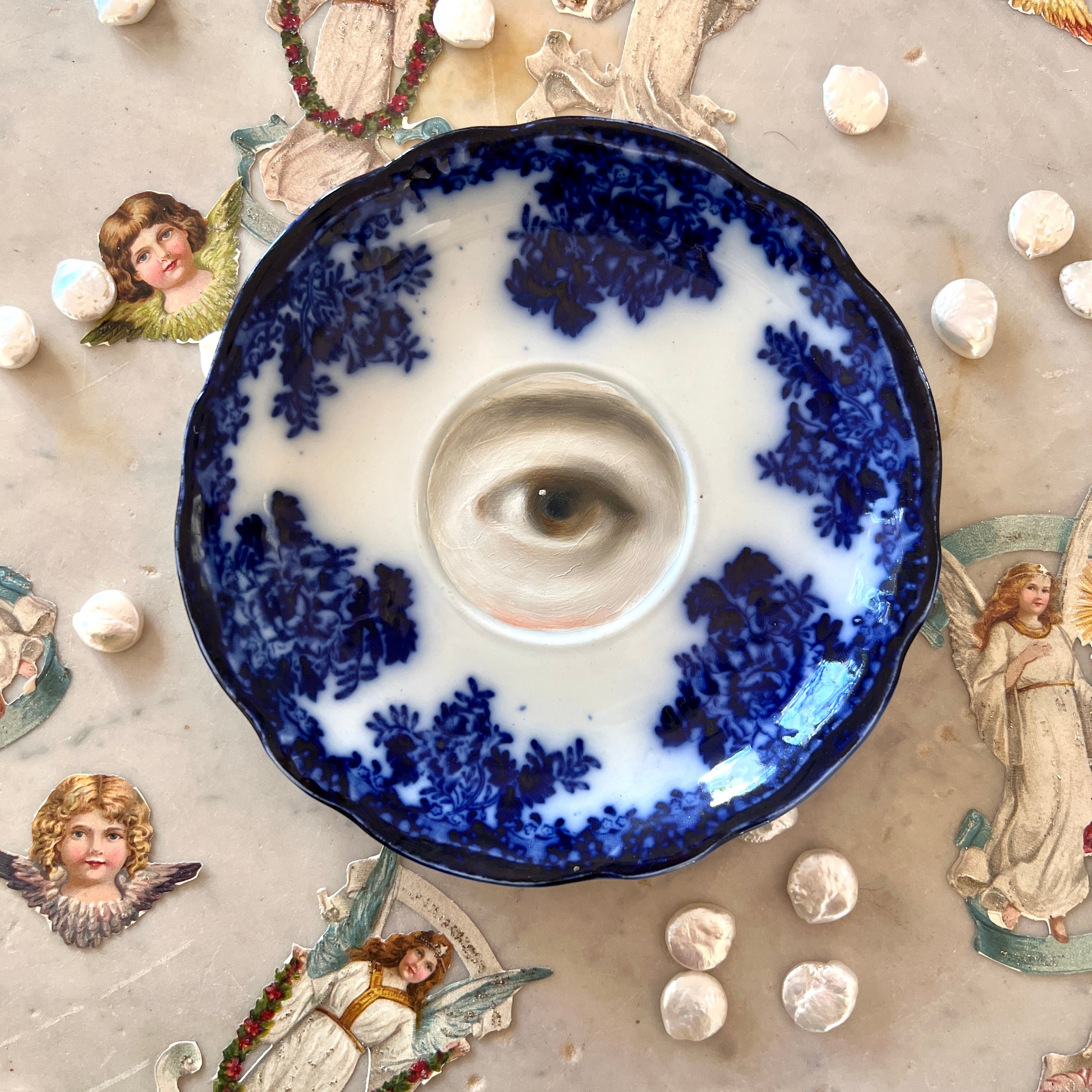 No. 3058 Lover's Eye Painting on an English Victorian Blue & White Plate