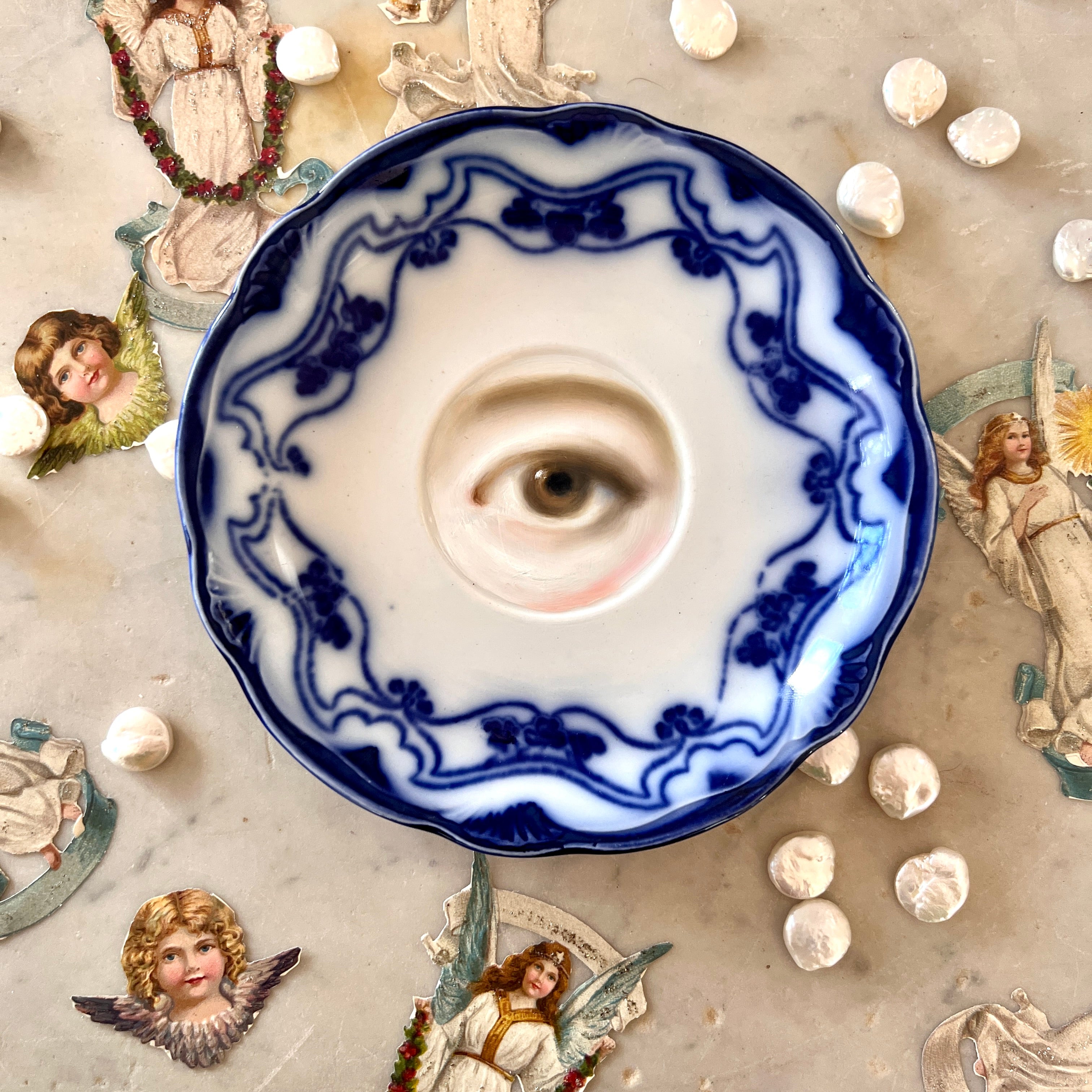 No. 3067 Lover's Eye Painting on an English Art Nouveau Blue & White Plate