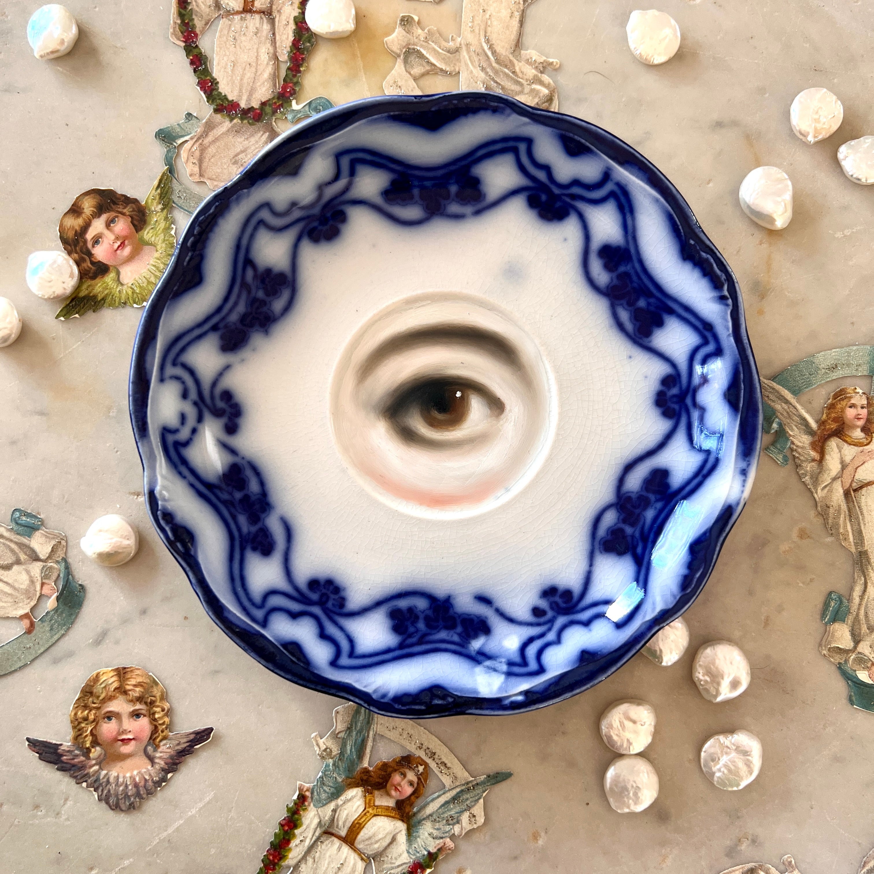 No. 3065 Lover's Eye Painting on an English Art Nouveau Blue & White Plate