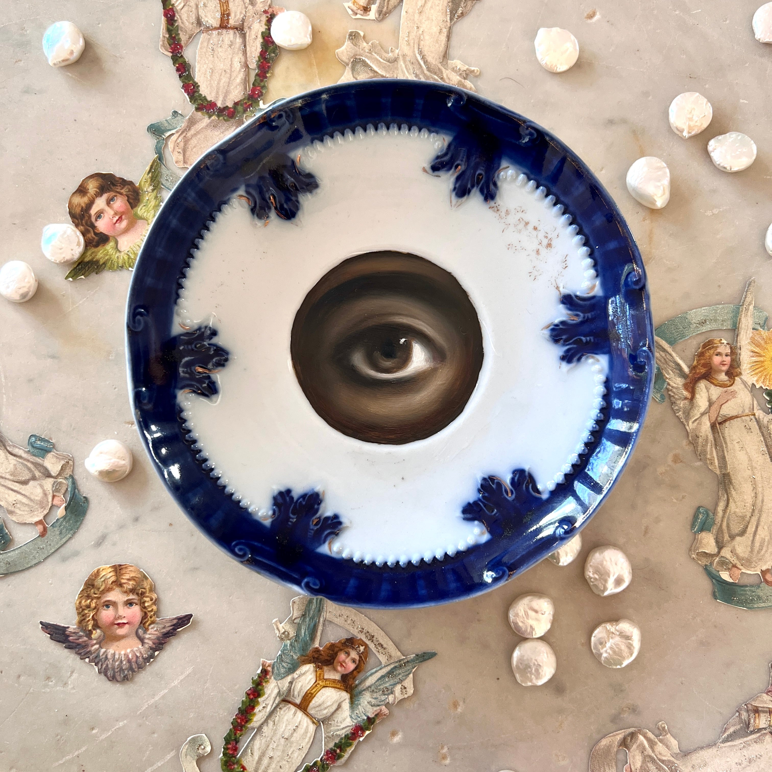 No. 3076 Lover's Eye Painting on an English Victorian Blue & White Plate