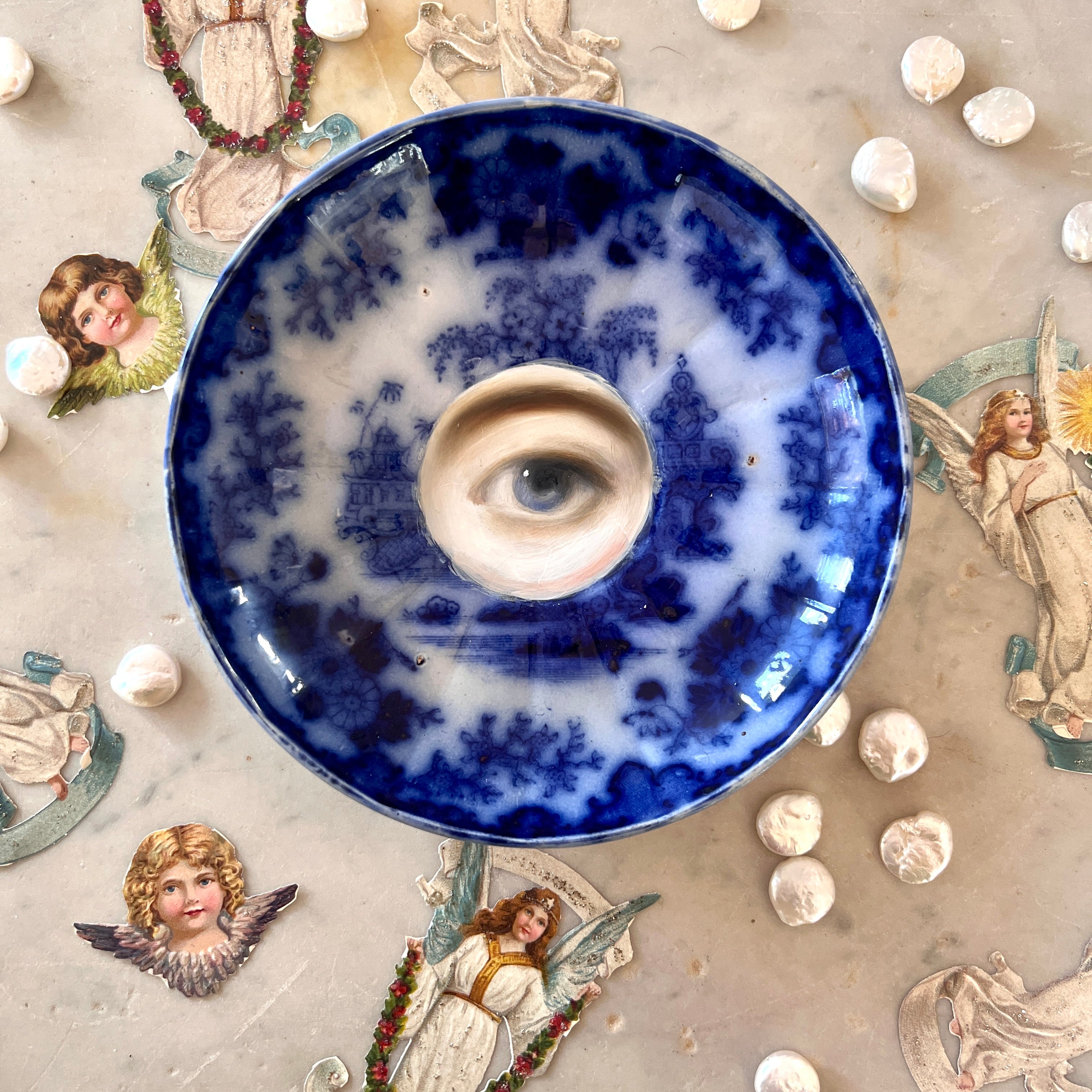 No. 3070 Lover's Eye Painting on an English Victorian Blue & White Plate