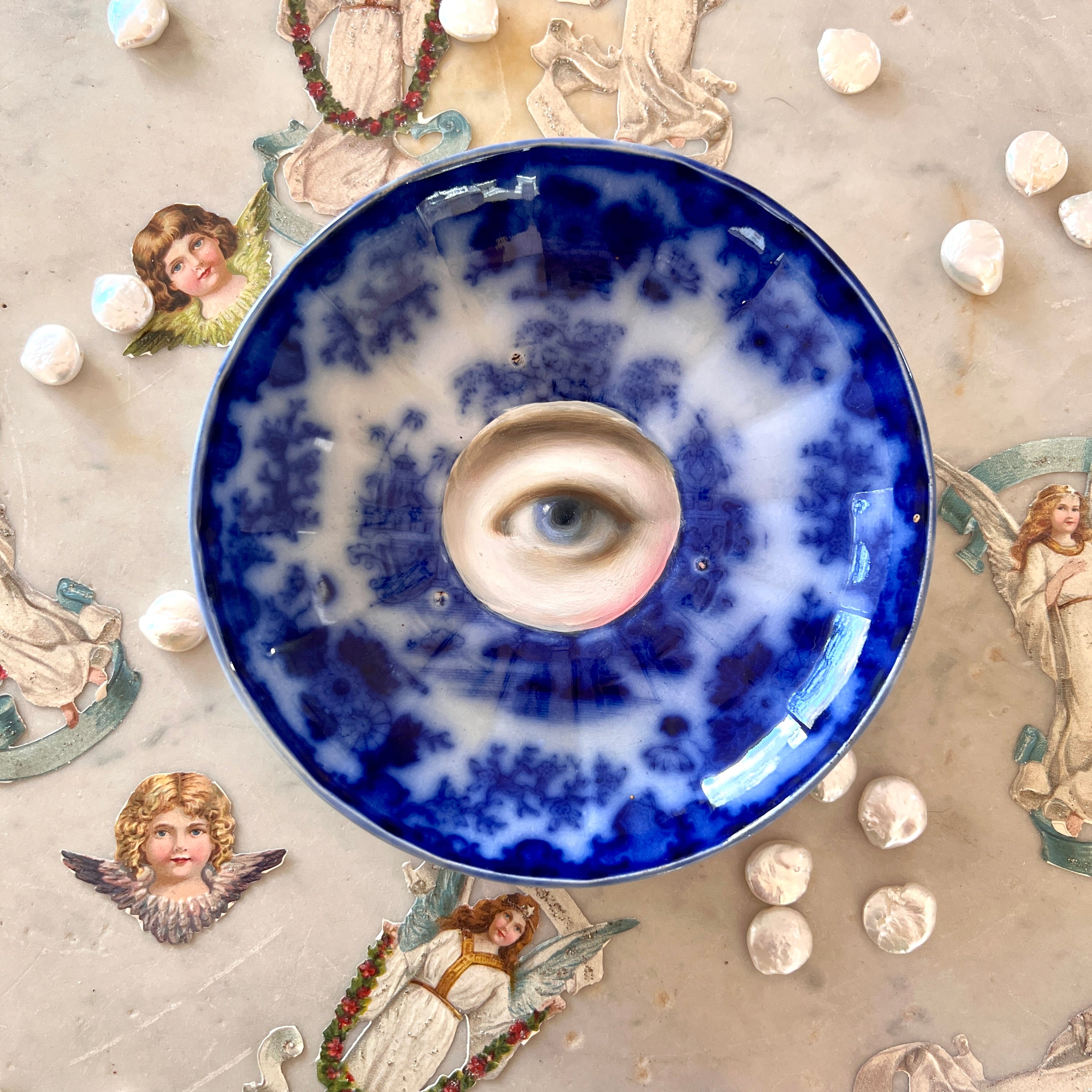 No. 3071 Lover's Eye Painting on an English Victorian Blue & White Plate