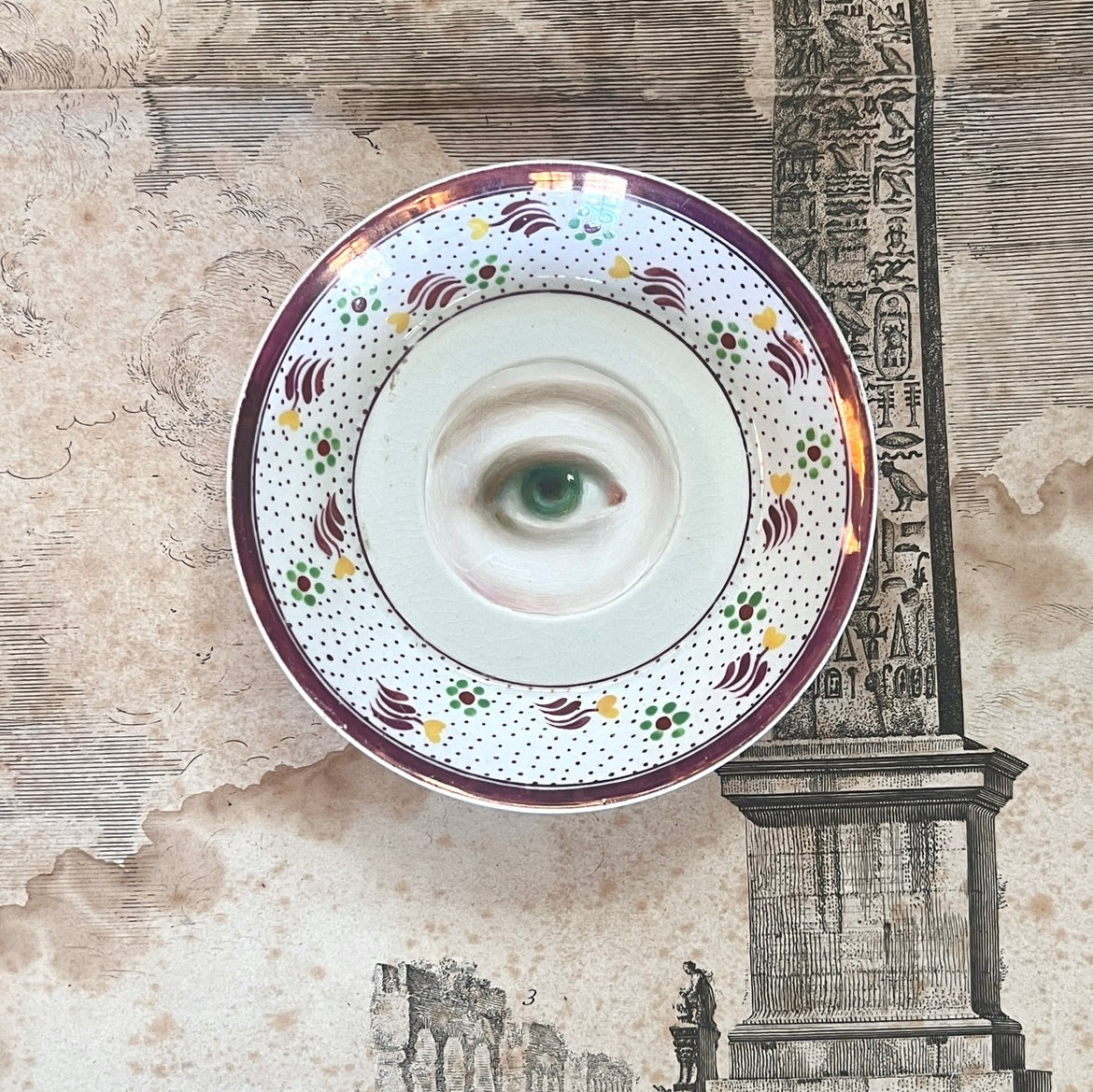 No. 3316 Lover's Eye Painting on a Wedgwood Pink Luster Plate