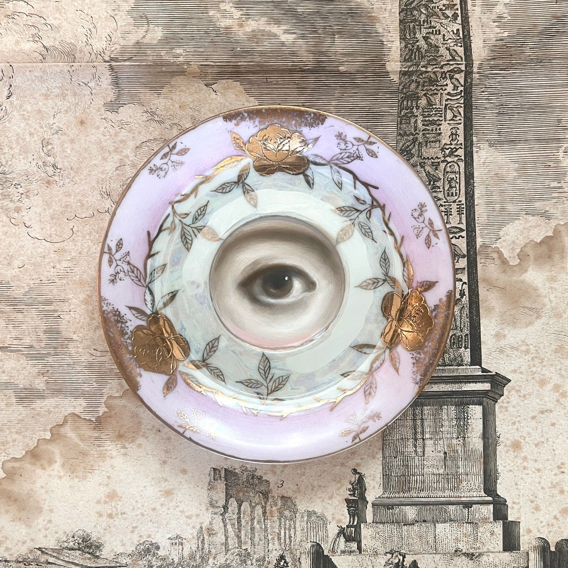No. 3297 Lover's Eye Painting on a Pink Rose Luster Plate