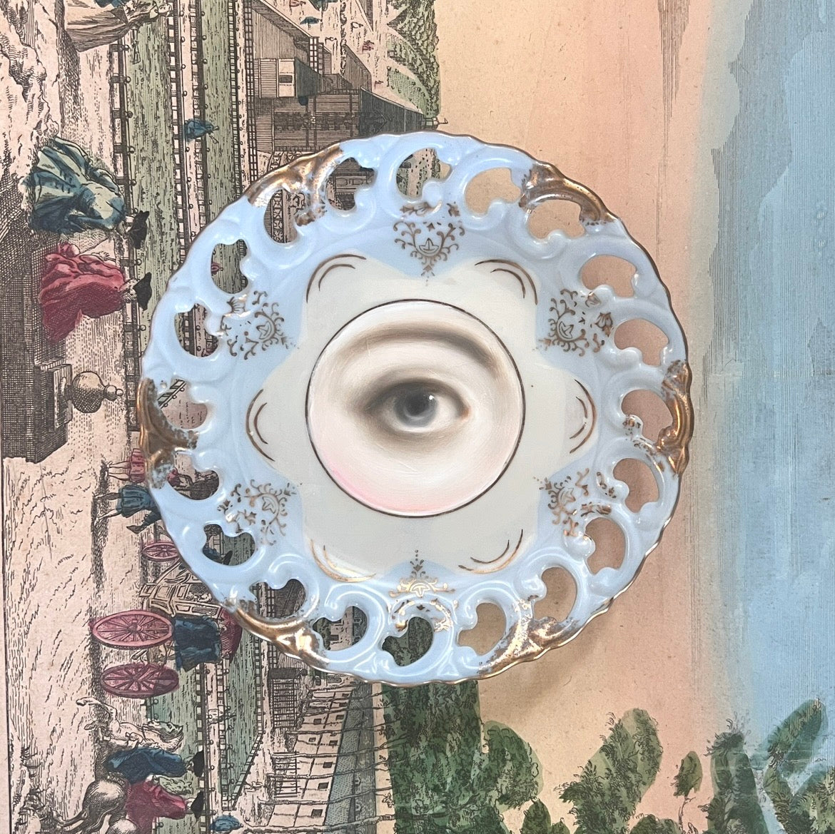 No. 3302 Lover's Eye Painting on a Pale Blue Luster Plate