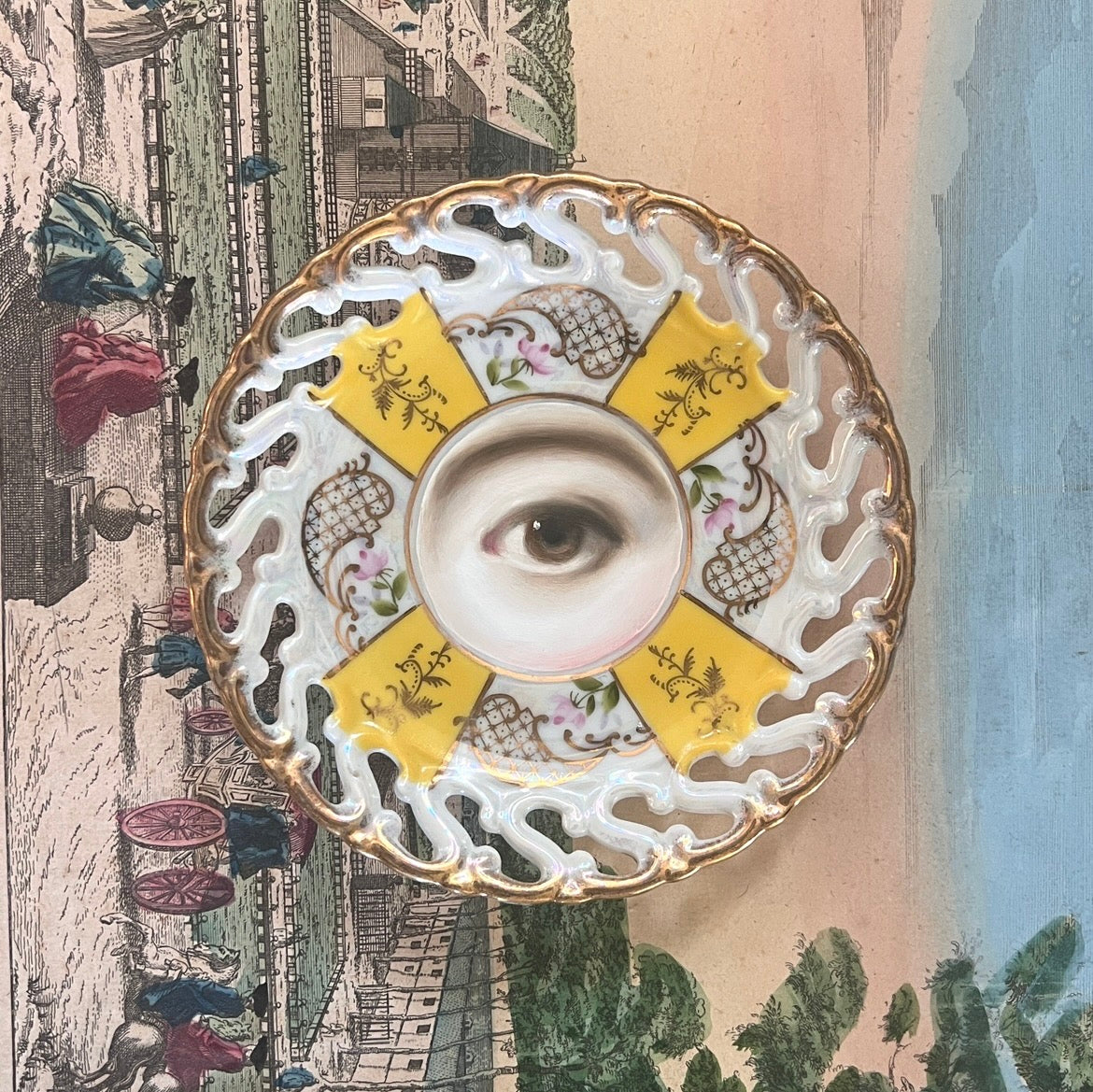 No. 3296 Lover's Eye Painting on a Yellow Luster Plate