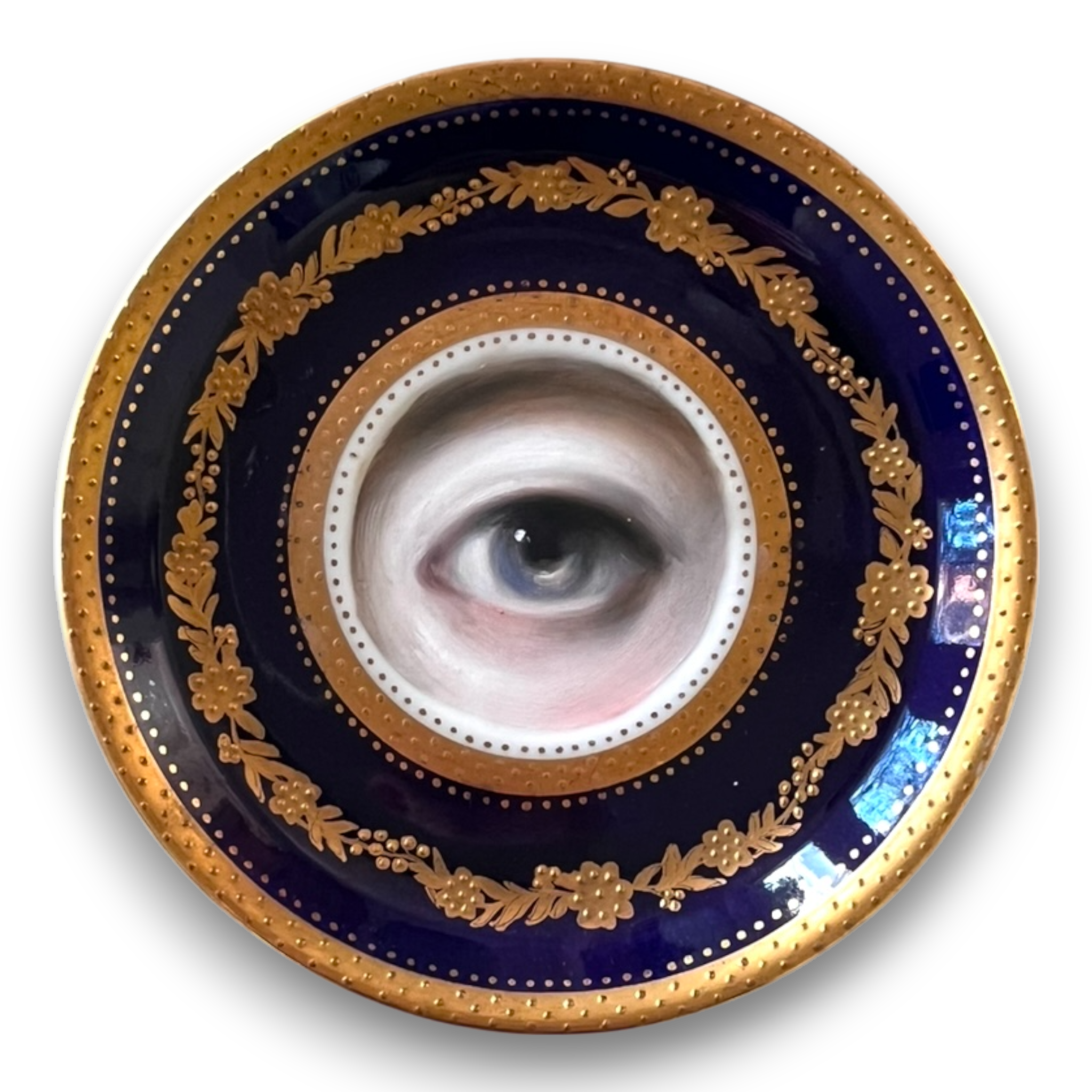 No. 2729 Lover's Eye Painting on a Mini Cobalt and Gilt Flower Plate