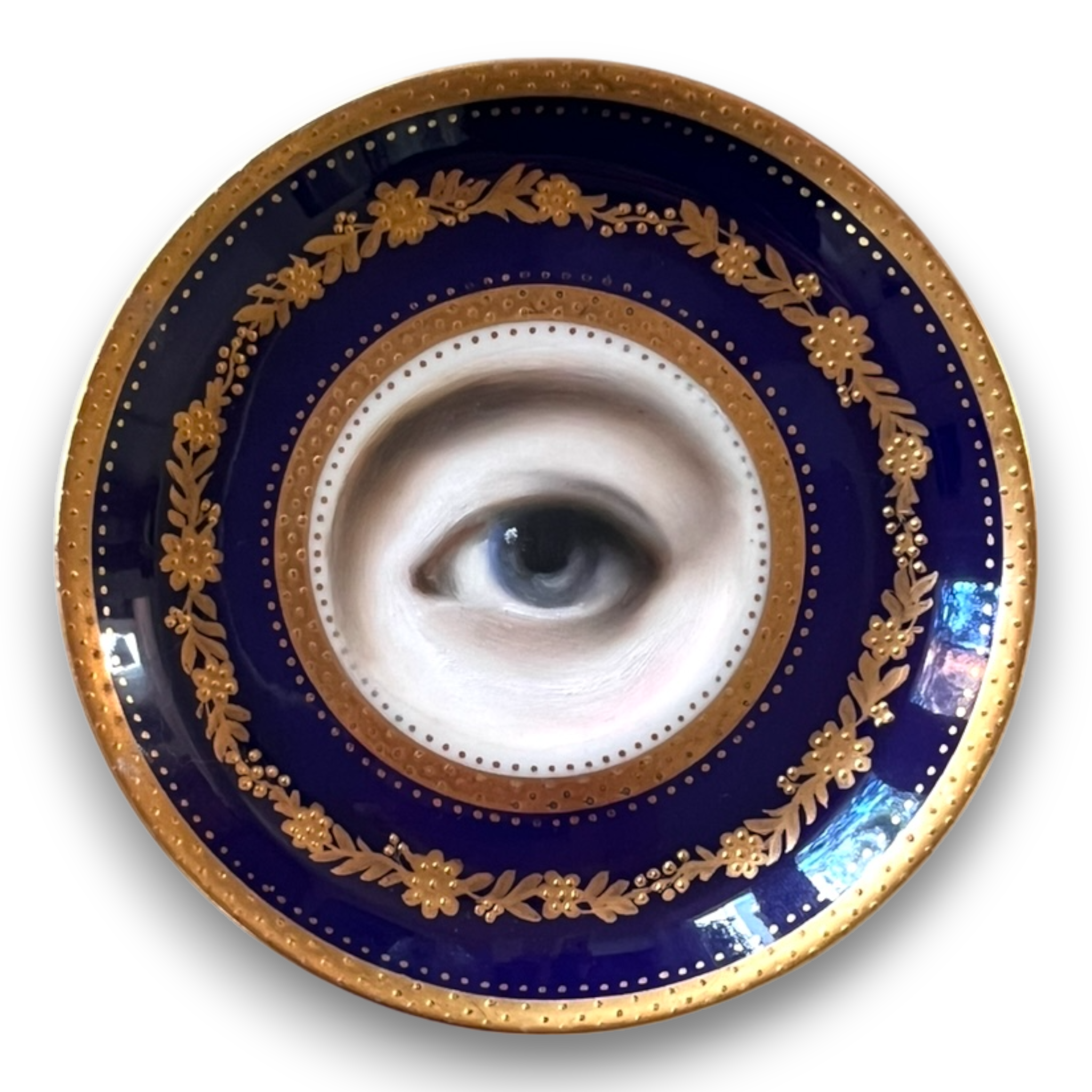 No. 2730 Lover's Eye Painting on a Mini Cobalt and Gilt Flower Plate
