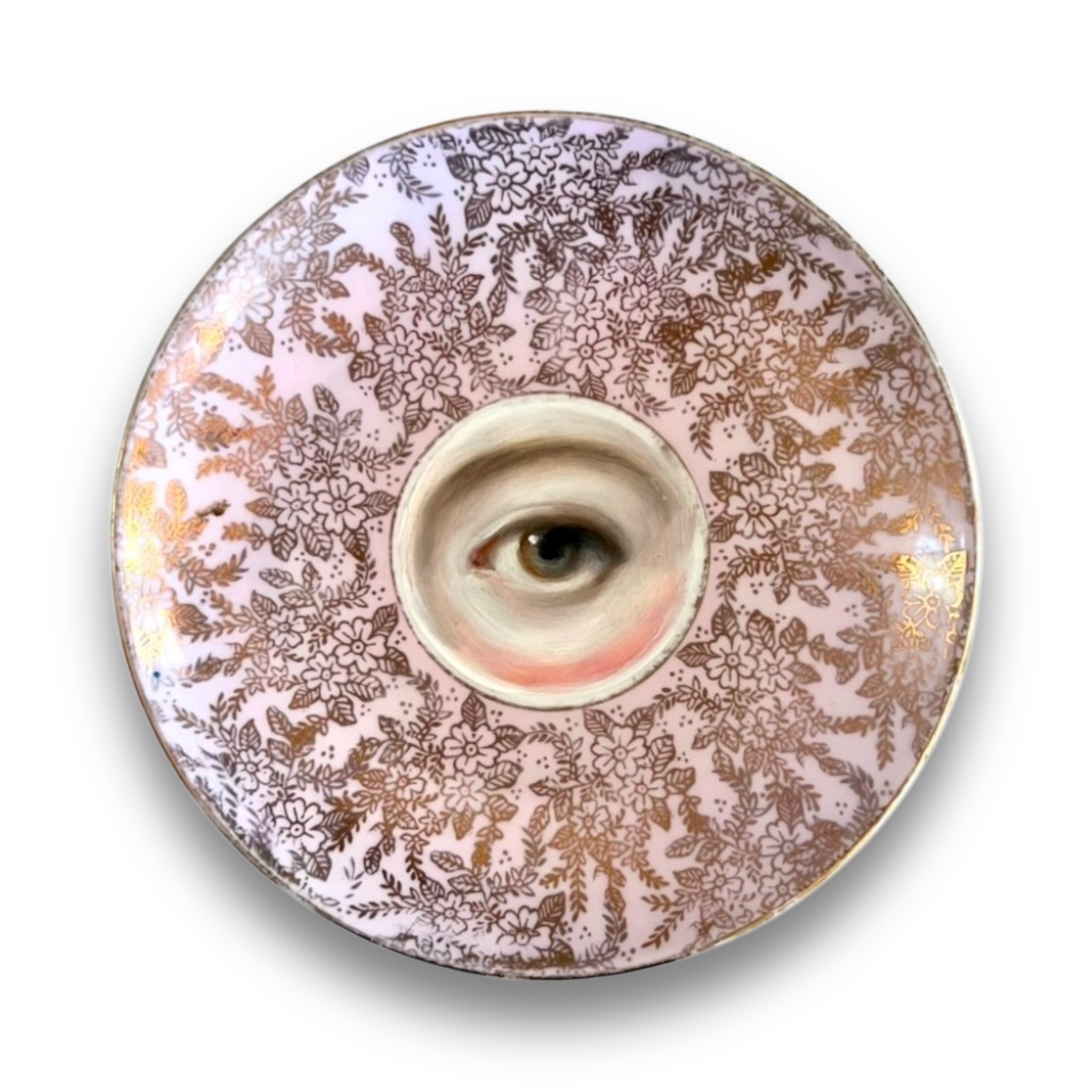 No. 2841 Lover's Eye Painting on an English Pale Pink and Gilt Floral Plate