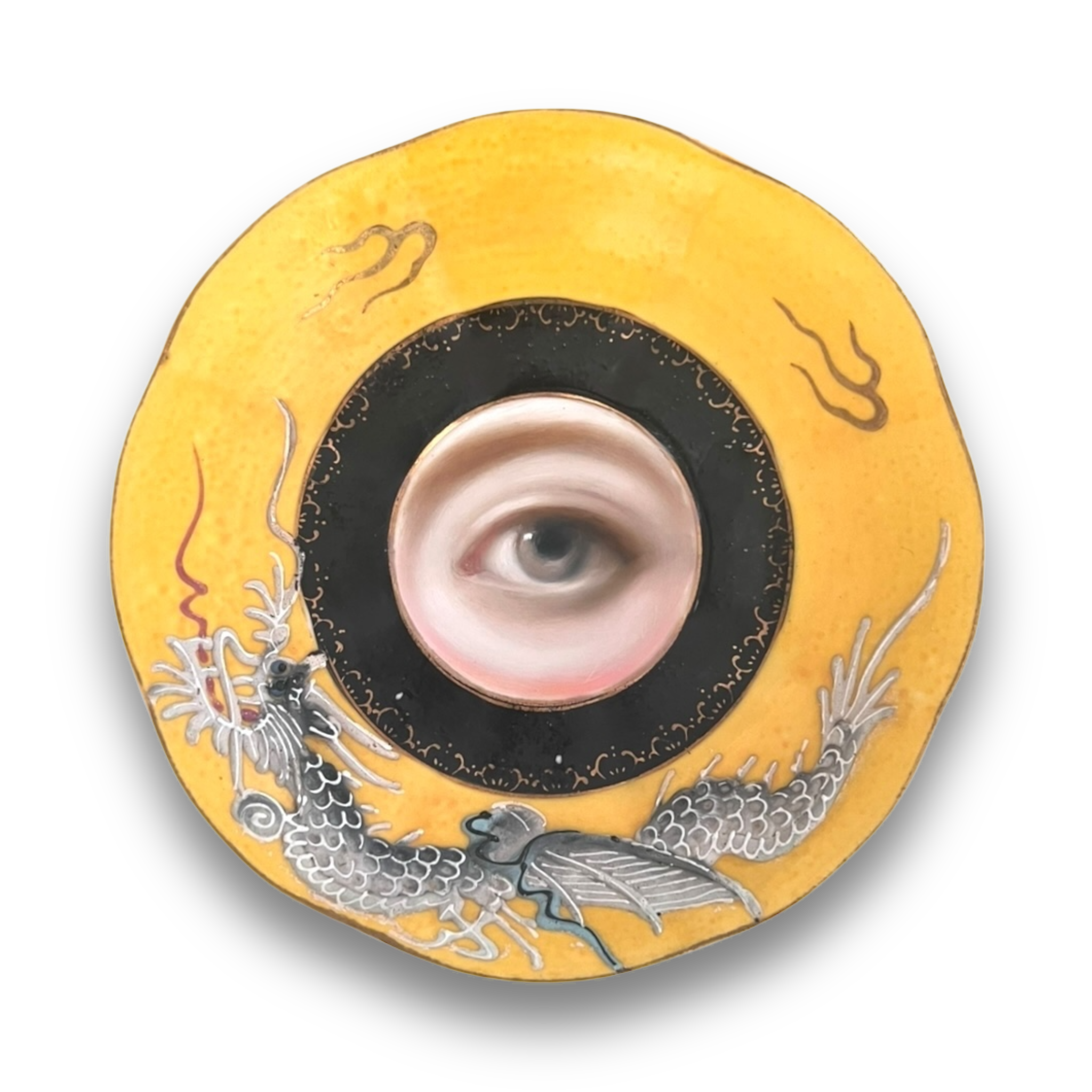 No. 2930 Lover's Eye Painting on a Rare Yellow Japanese Dragonware Plate