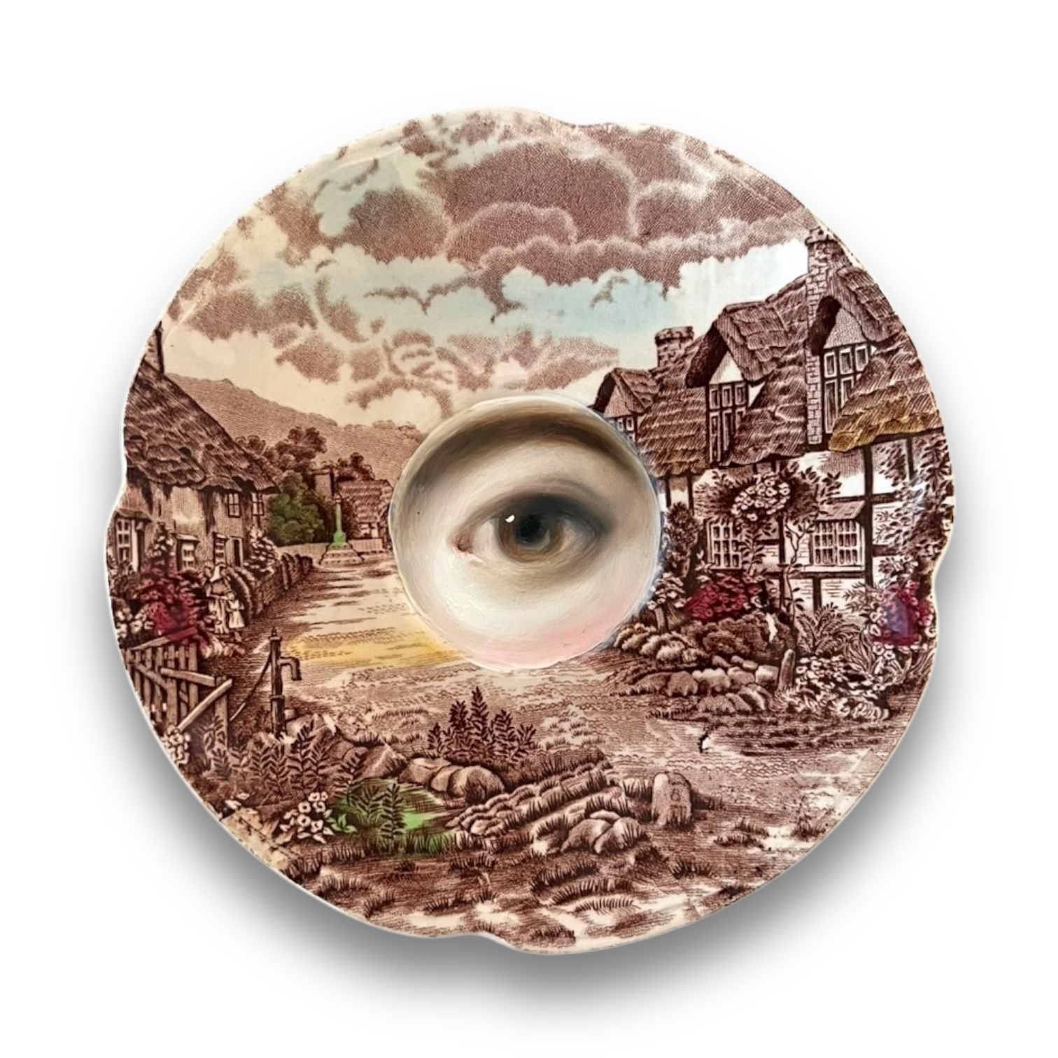 No. 2872 Lover's Eye Painting on an English Sepia Transferware Landscape Plate