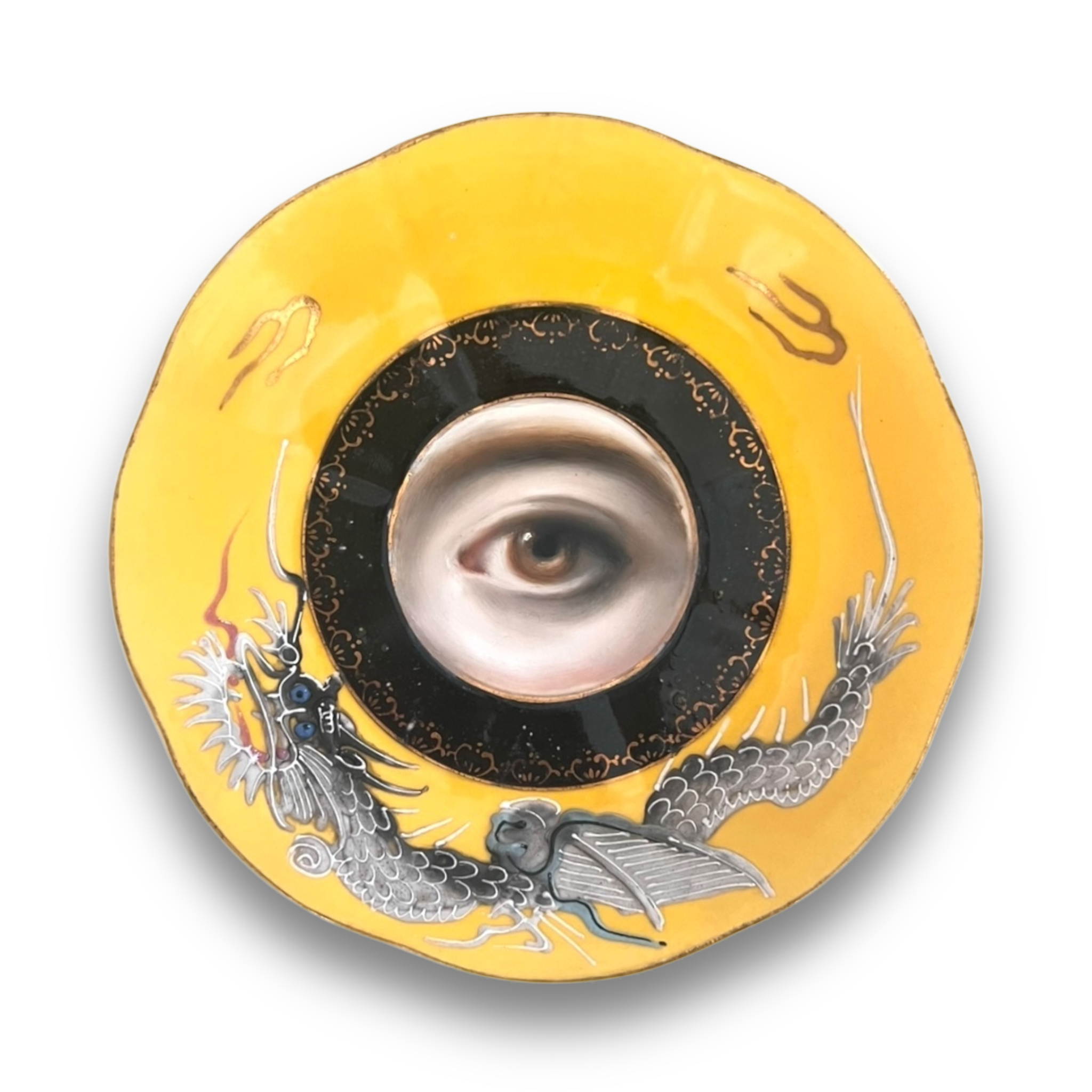 No. 2929 Lover's Eye Painting on a Rare Yellow Japanese Dragonware Plate