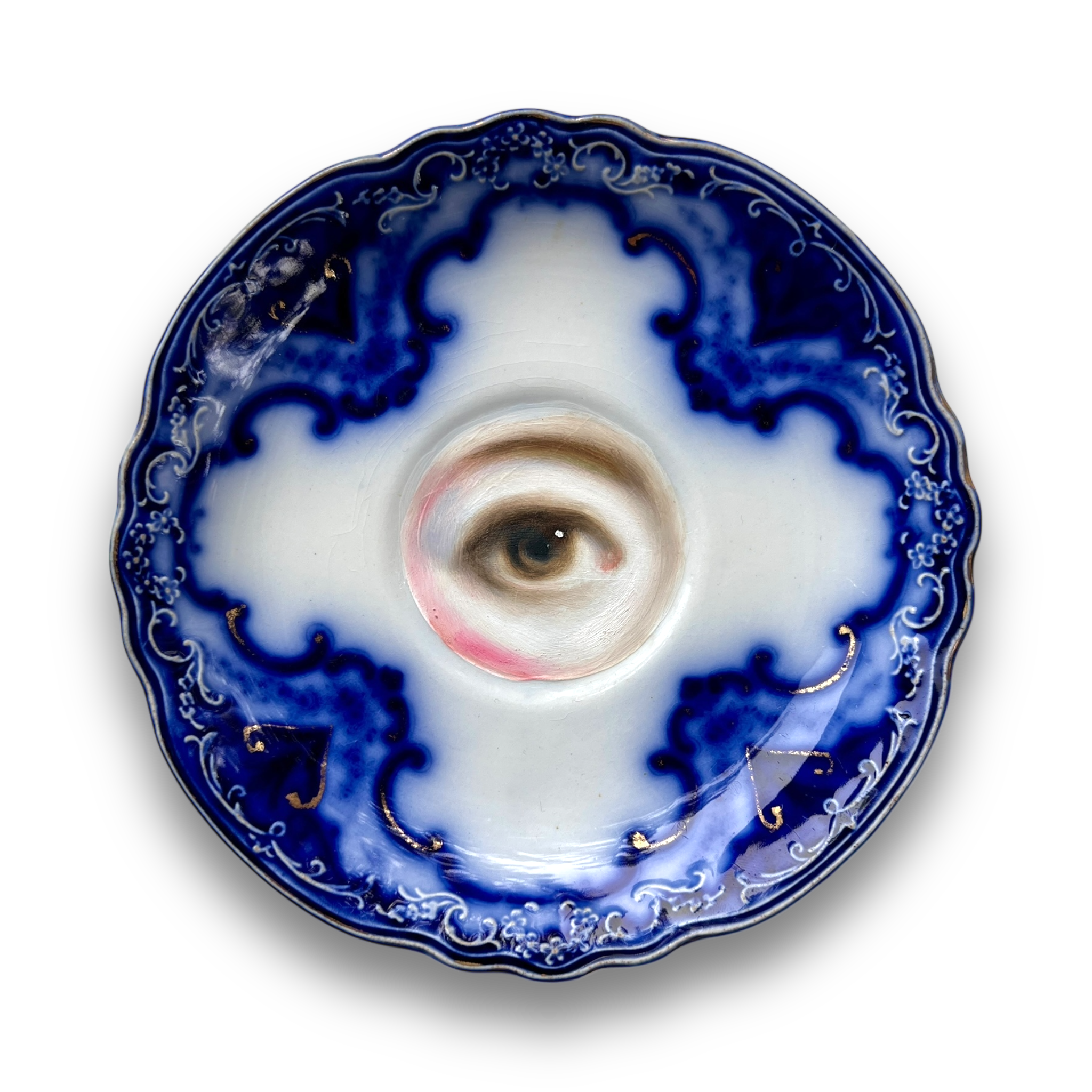 No. 3075 Lover's Eye Painting on an English Victorian Blue & White Plate