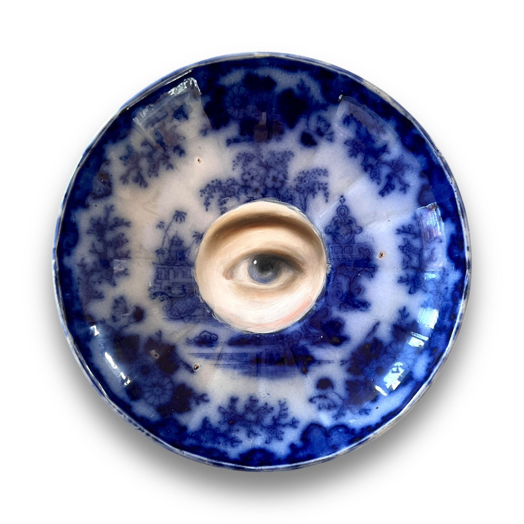 No. 3070 Lover's Eye Painting on an English Victorian Blue & White Plate