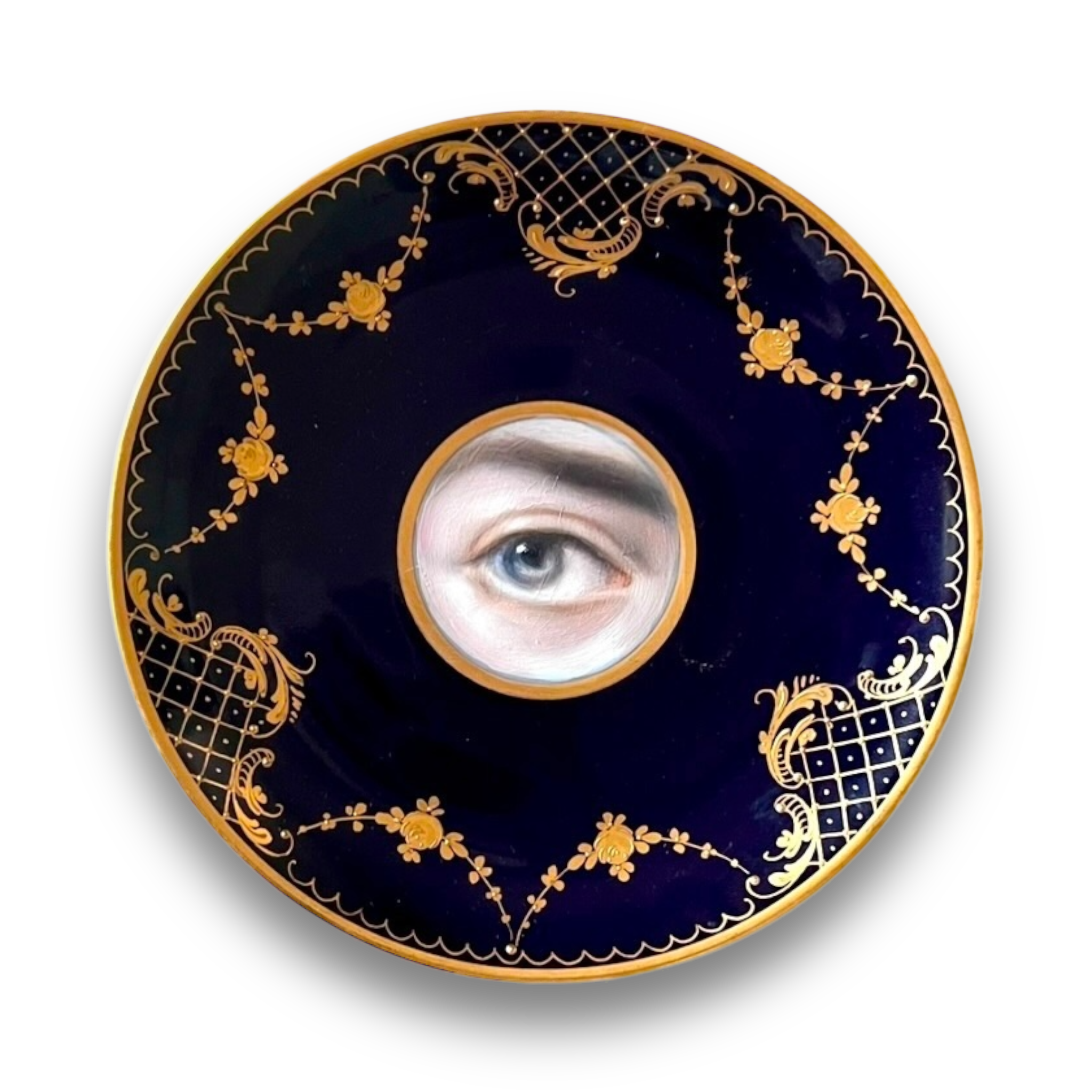 No. 2921 Lover's Eye Painting of Wolfgang Amadeus Mozart on a Bavarian Cobalt Blue and Gilt Garland Plate