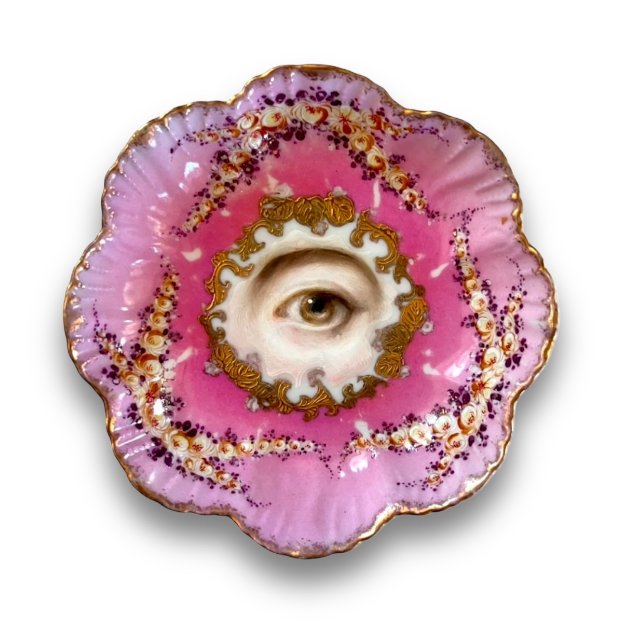 No. 2840 Lover's Eye Painting on a Pink and Gilt Floral Plate