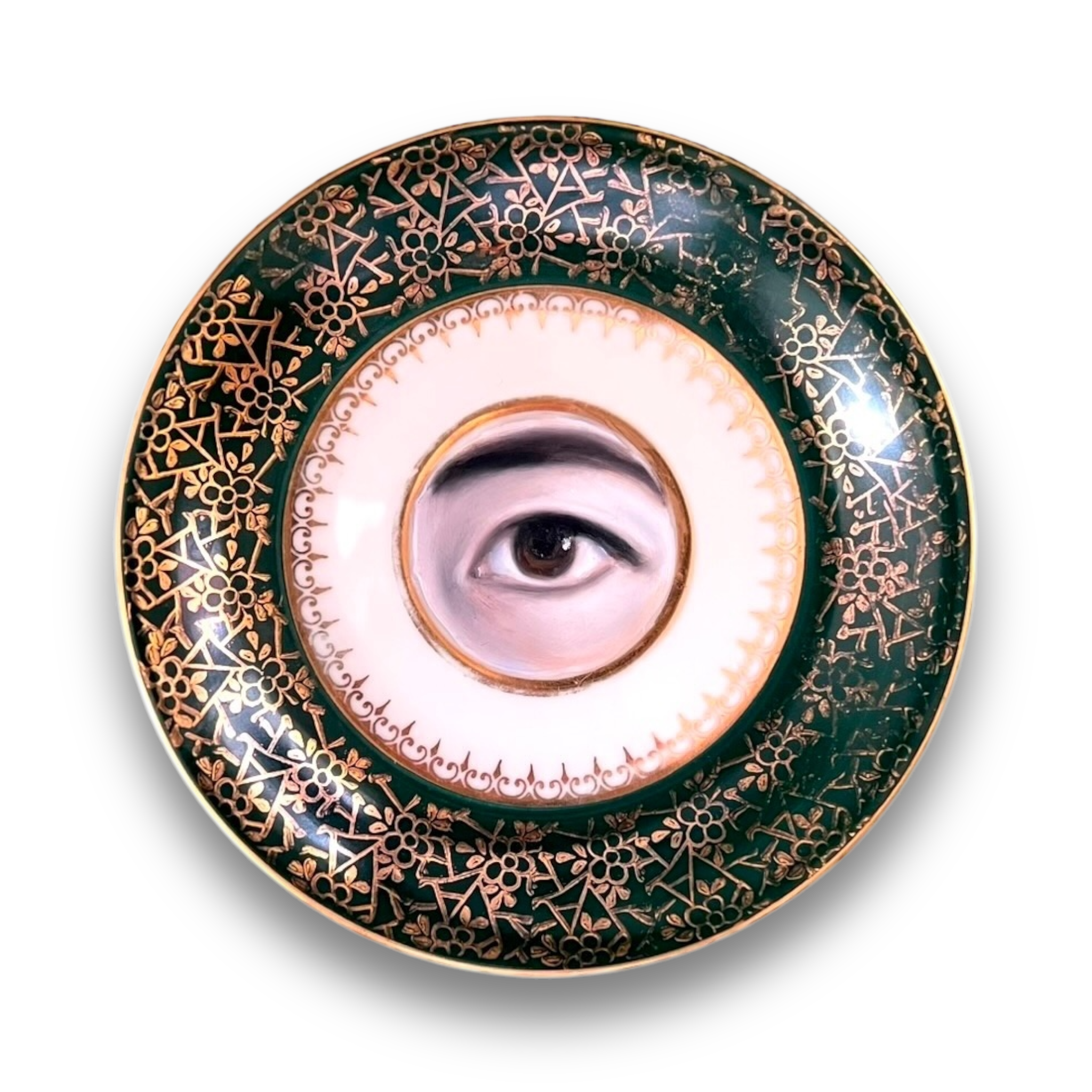 No. 2925 Lover's Eye Painting of Yayoi Kusama on a Green & Gold Plate