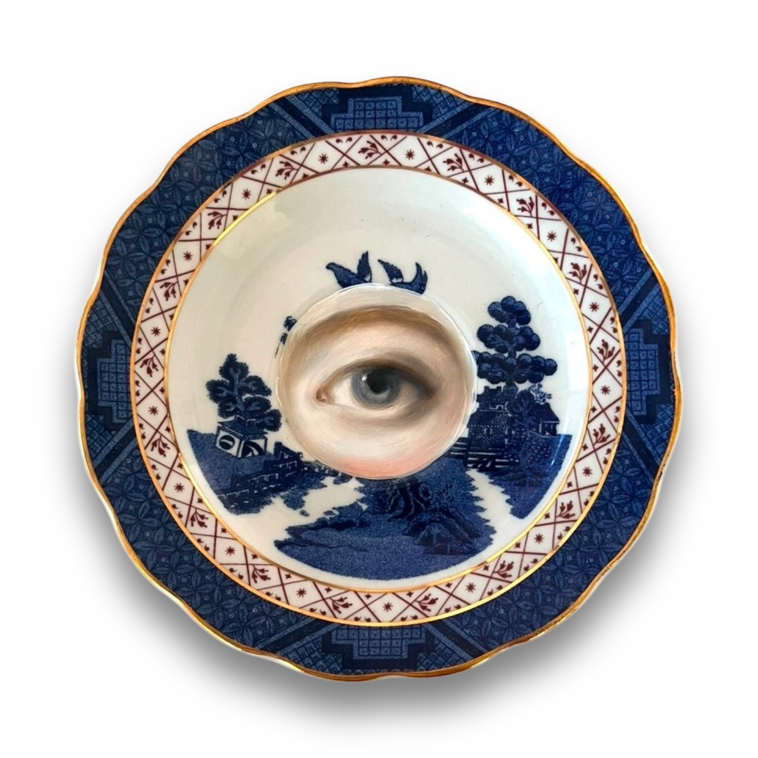 No. 2859 Lover's Eye Painting on a Royal Doulton Chinoiserie Blue Willow Plate