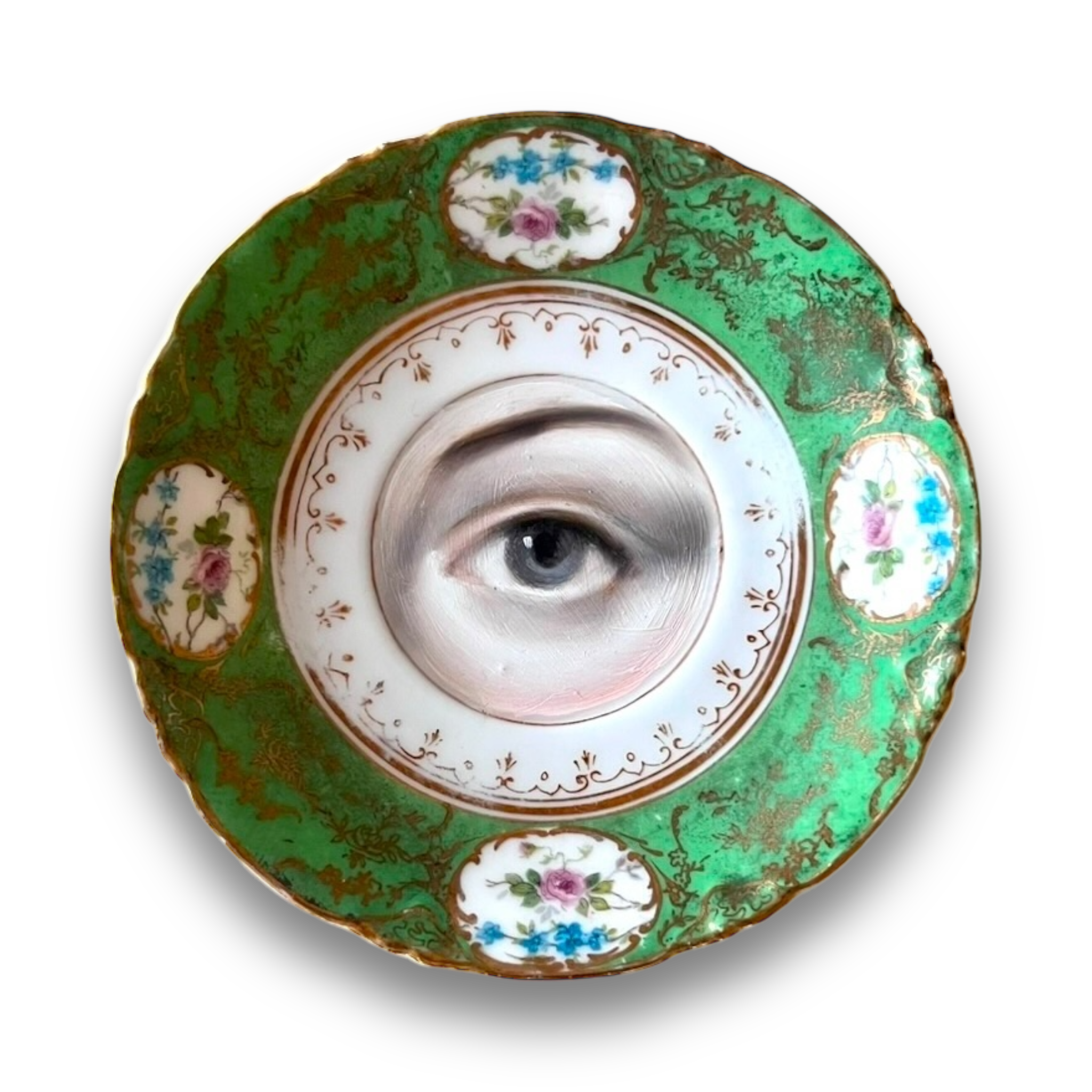 No. 2926 Lover's Eye Painting of Charlotte Bronte on a Floral Green Plate
