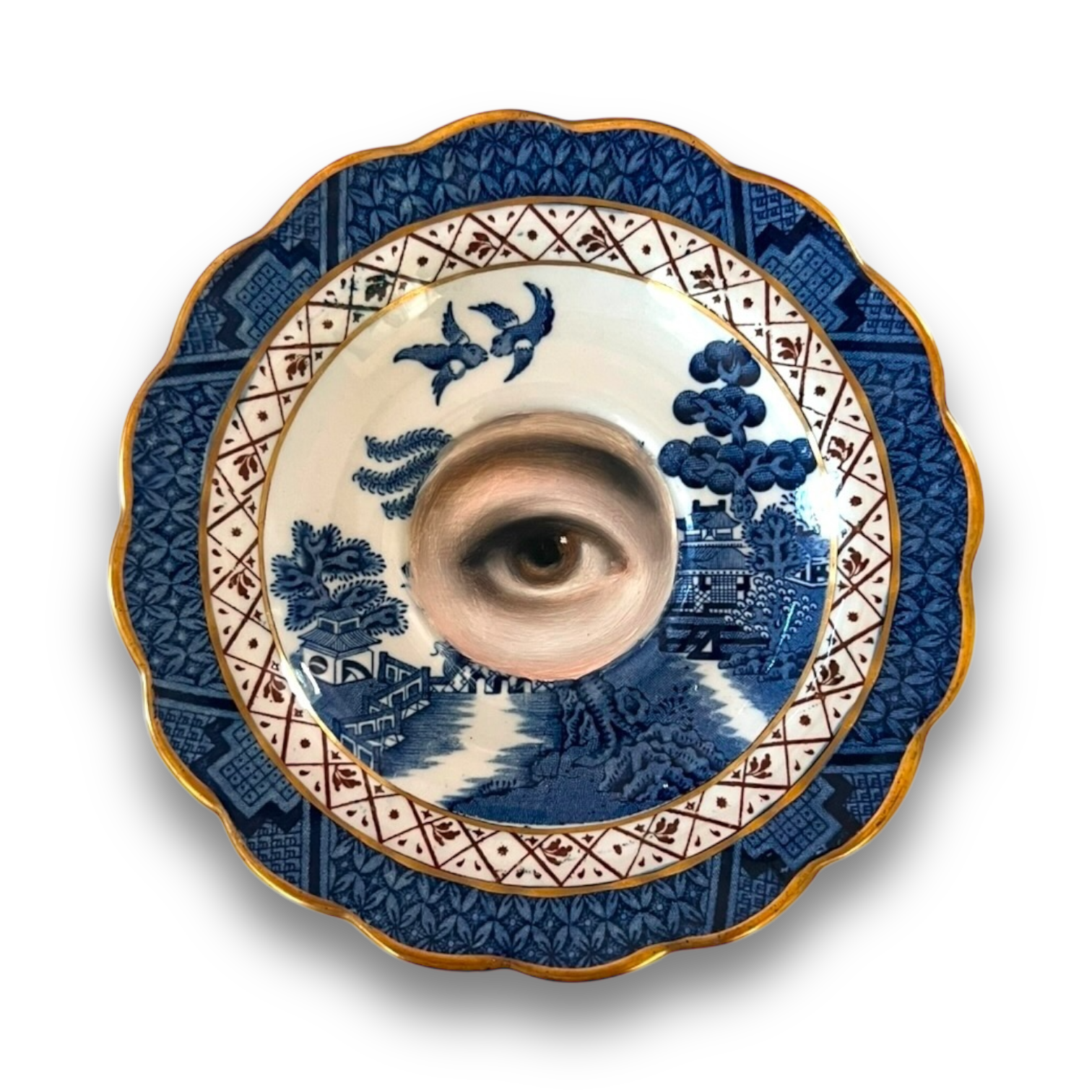 No. 2860 Lover's Eye Painting on an English Real Old Willow Plate