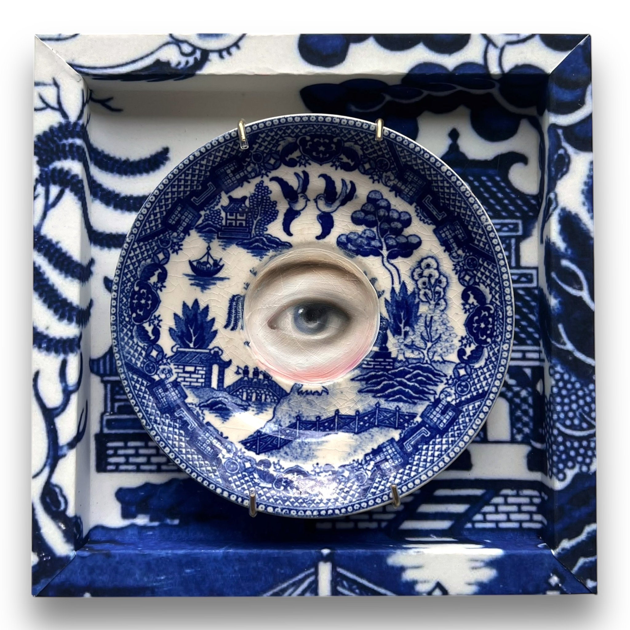 **Reserved for KMD** No. 2891 Lover's Eye Painting on a Chinoiserie Blue Willow Plate