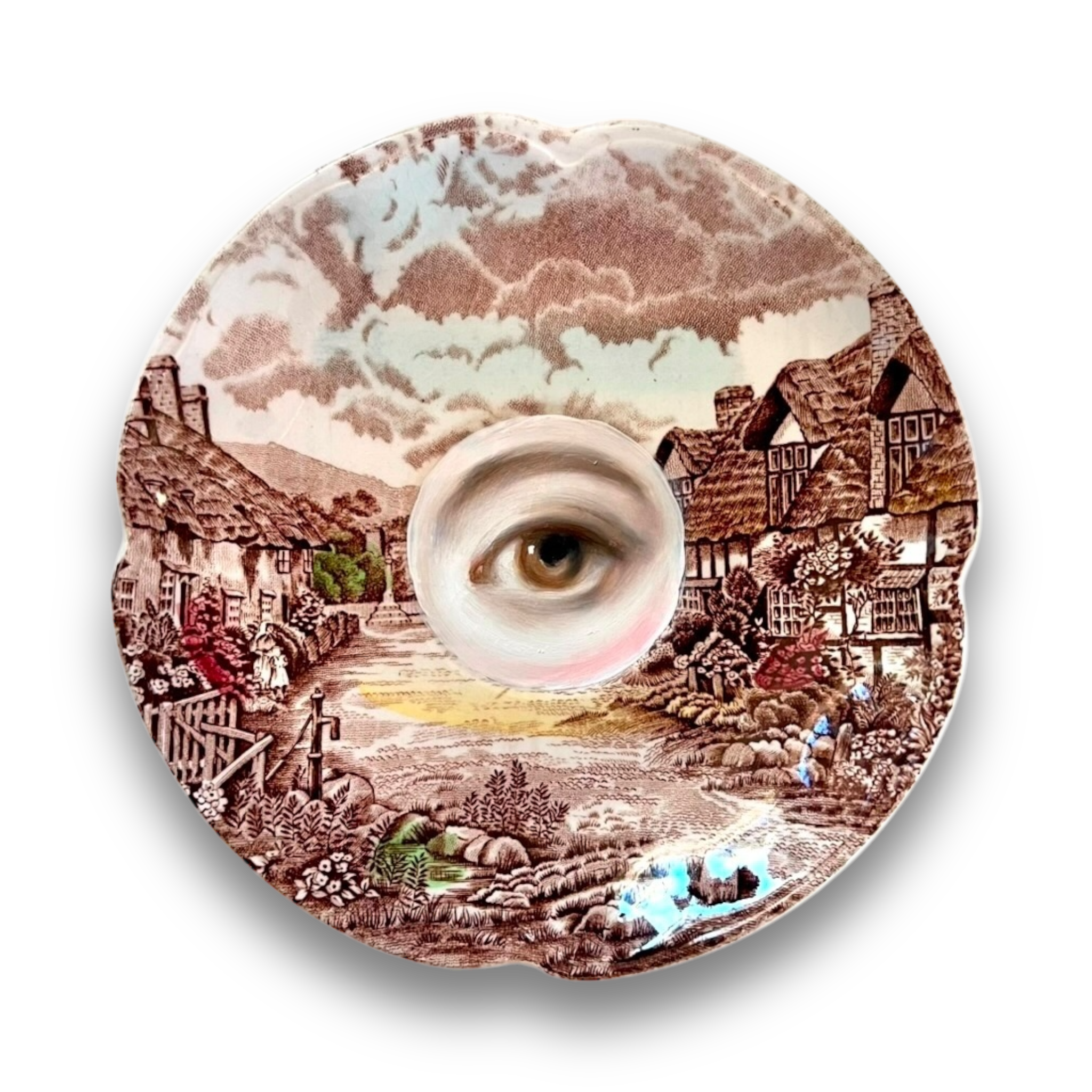 No. 2844 Lover's Eye Painting on an English Sepia Transferware Landscape Plate