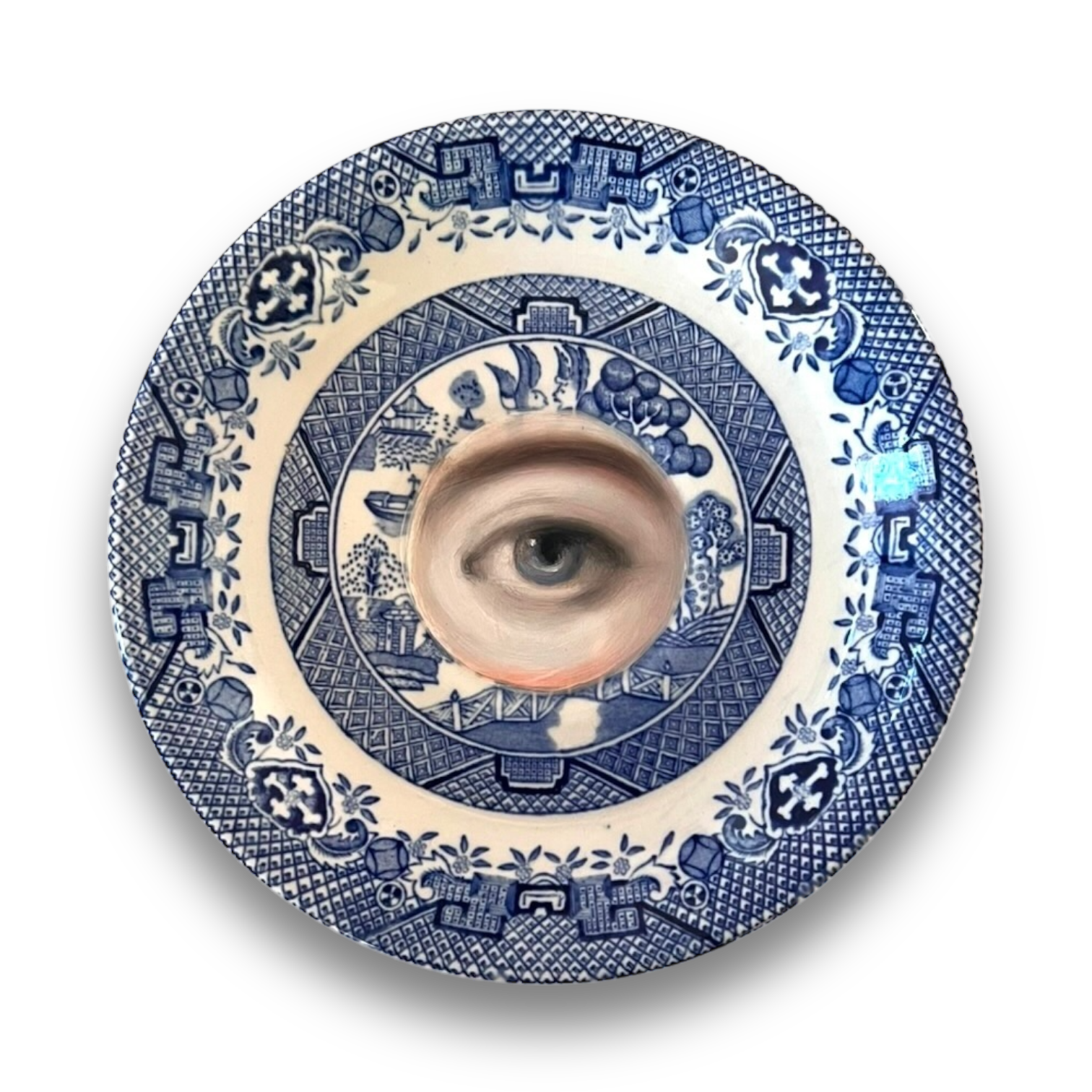 No. 2863 Lover's Eye Painting on an English Chinoiserie Blue Willow Plate