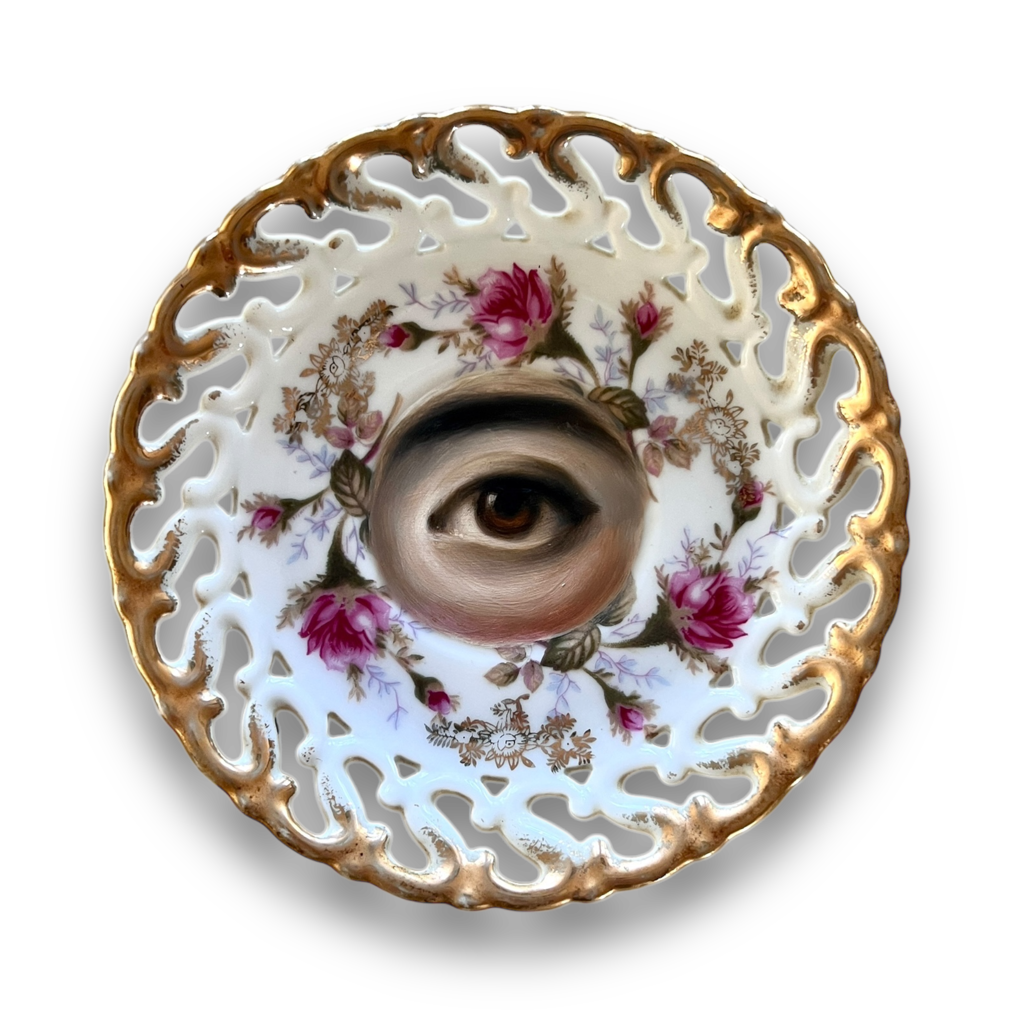 No. 2940 Lover's Eye Painting on a Floral Luster Plate with Gold Reticulated Border