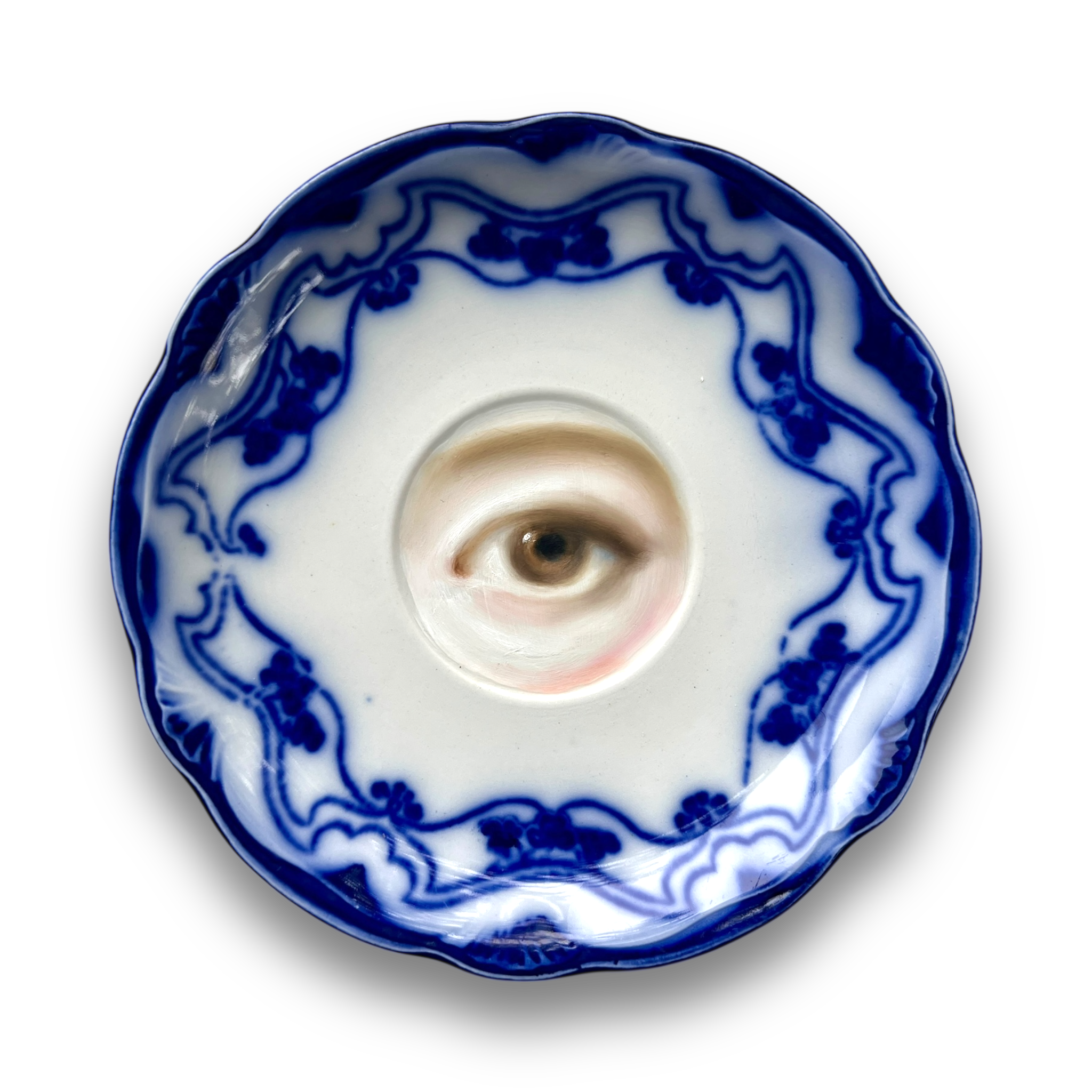 No. 3067 Lover's Eye Painting on an English Art Nouveau Blue & White Plate