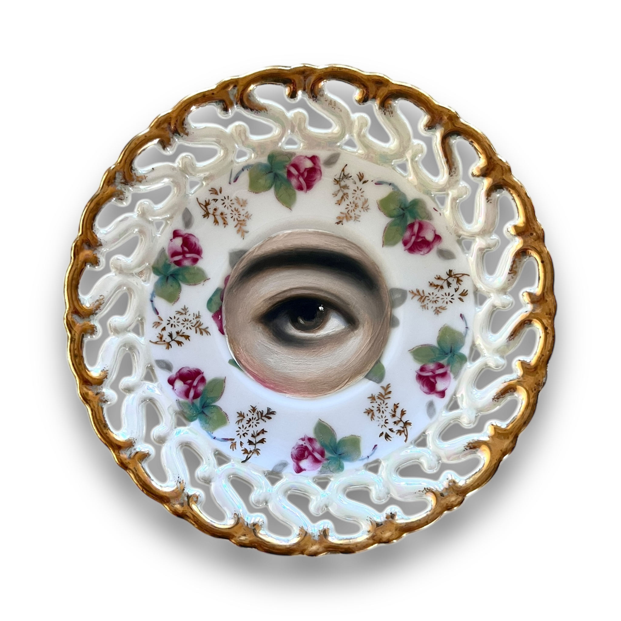 No. 2941 Lover's Eye Painting on a Floral Luster Plate with Gold Reticulated Border